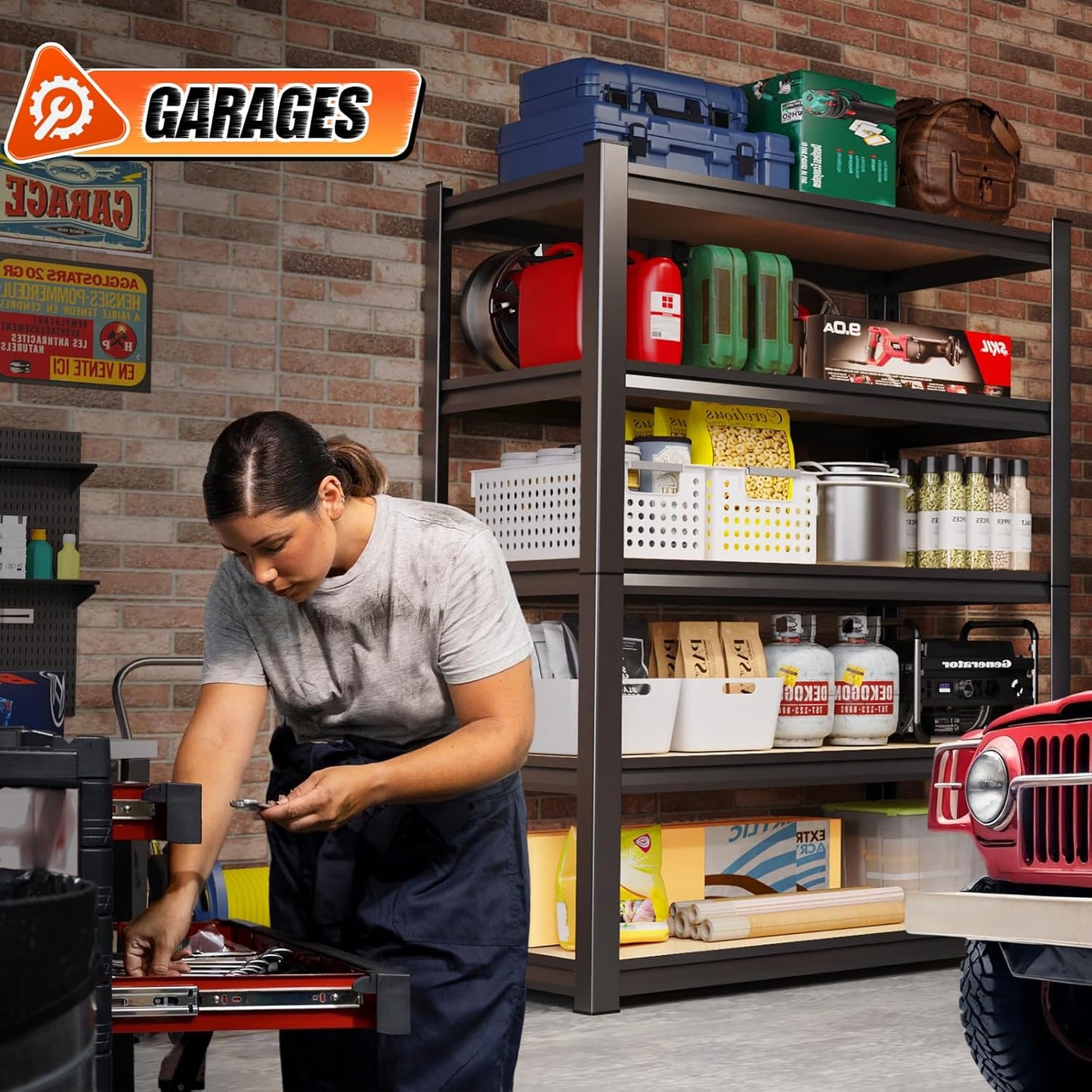 72" H*46'' Storage Shelves 2500lbs Garage Shelving Adjustable Heavy Duty Garage Shelves Easy To Install Metal Shelving Wood Shelving Unit Storage Shelf for Basement Warehouse Industrial Kitchen Pantry