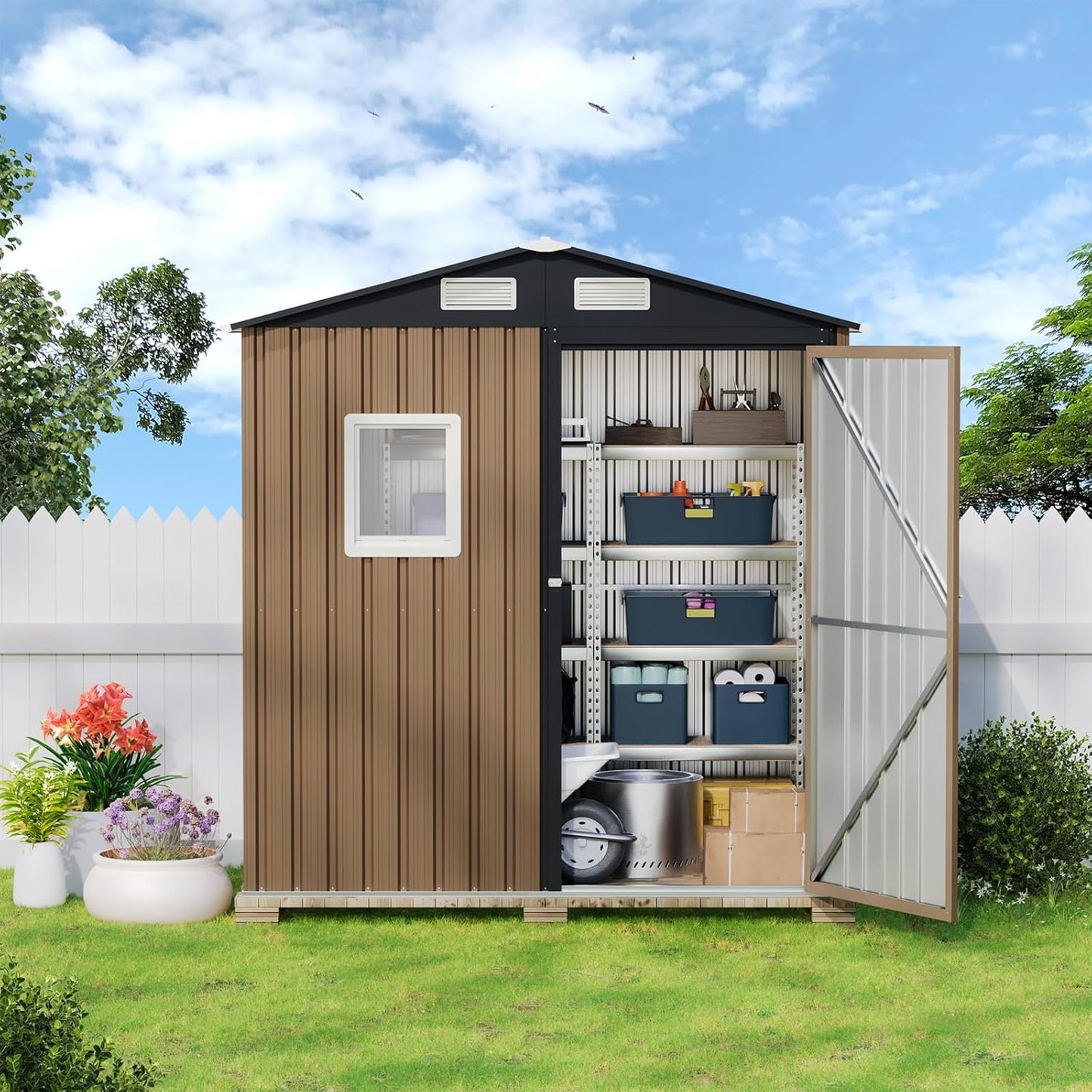 6X4FT Outdoor Steel Storage Shed with Lockable Doors, One Window,Ideal for Garden, Backyard, Patio Storage,Brown