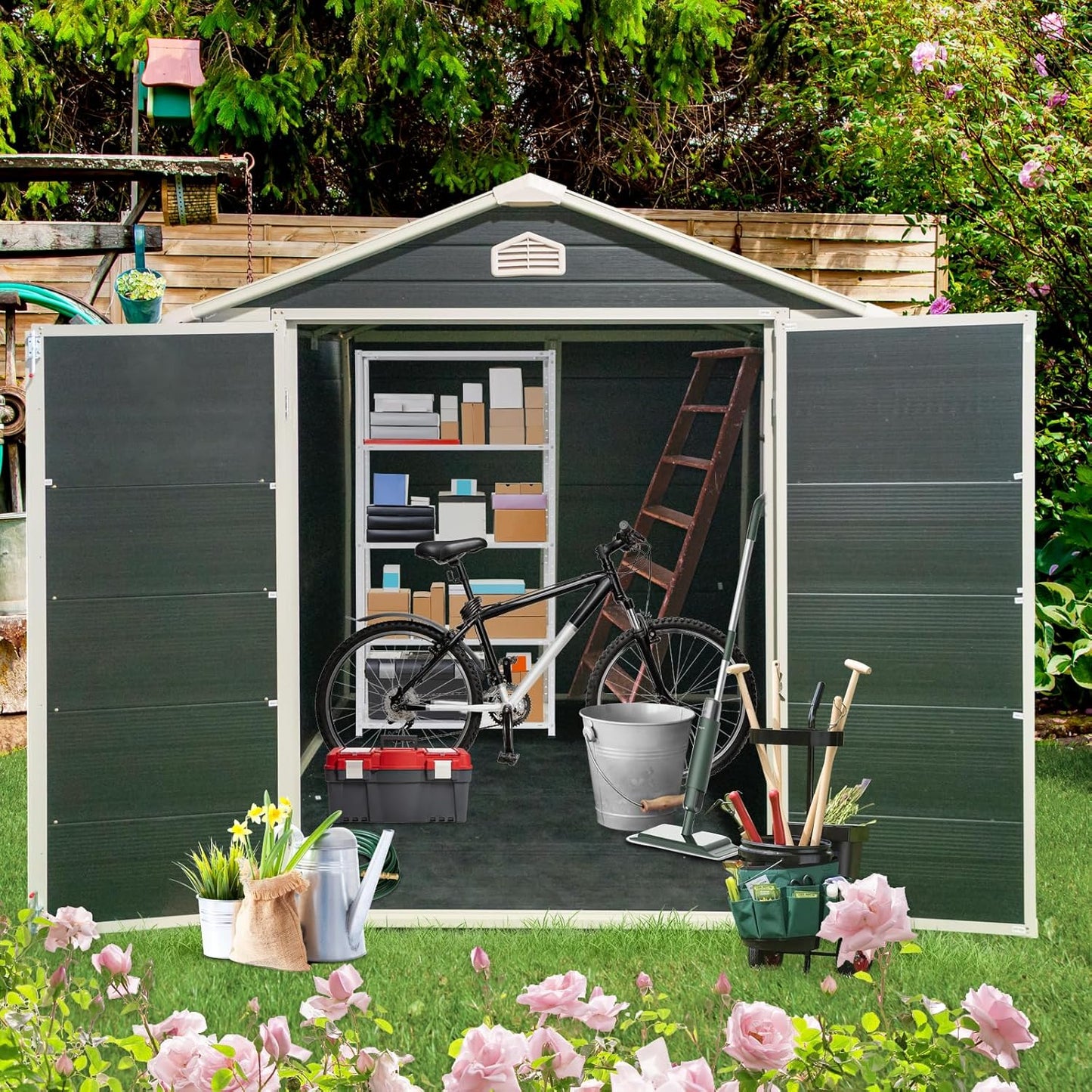 6x8 FT Outdoor Storage Shed, Resin Garden Shed with Thick Floor, Plastic Storage Shed with Window, Waterproof Outside Tool Shed with Lockable Hinged Doors for Backyard, Patio, Lawn, Black