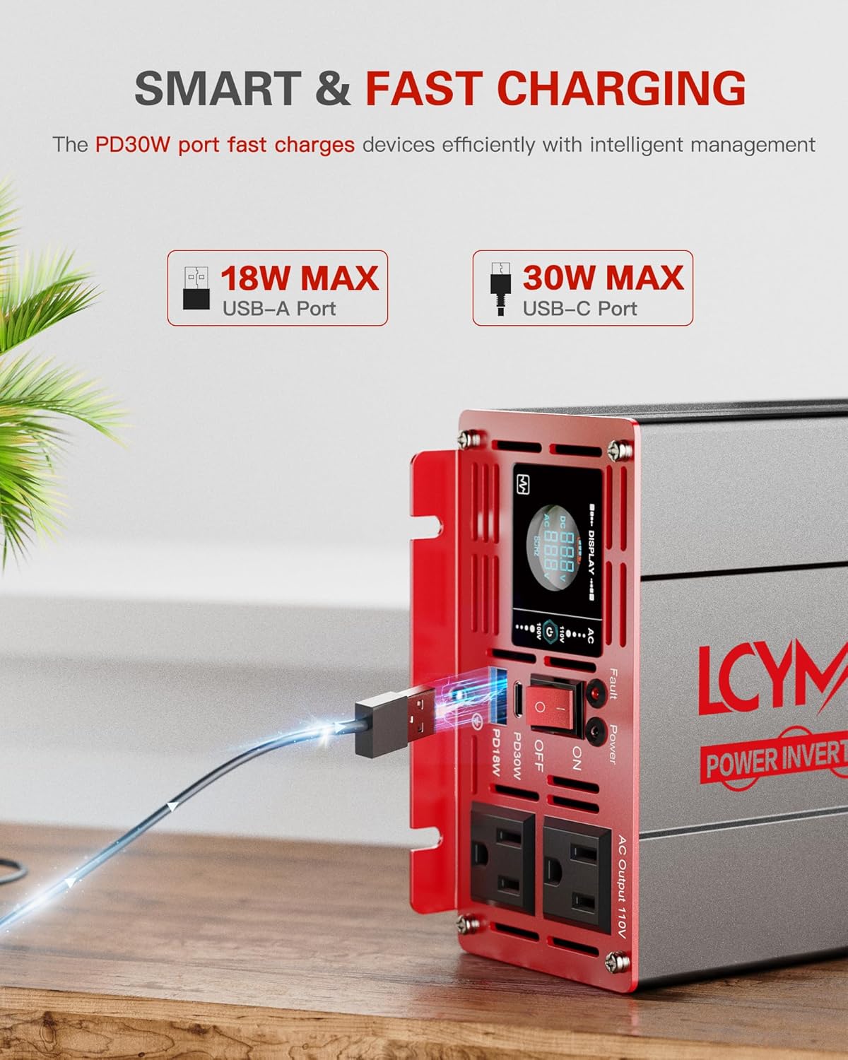 1500 Watt Pure Sine Wave Power Inverter DC 12V to AC 110/120V with Dual Outlets USB-C 30W USB-QC 18W Fast Car Charger Adapter LCD Display and Remote Control Converter for Off-Grid Home RV Solar System