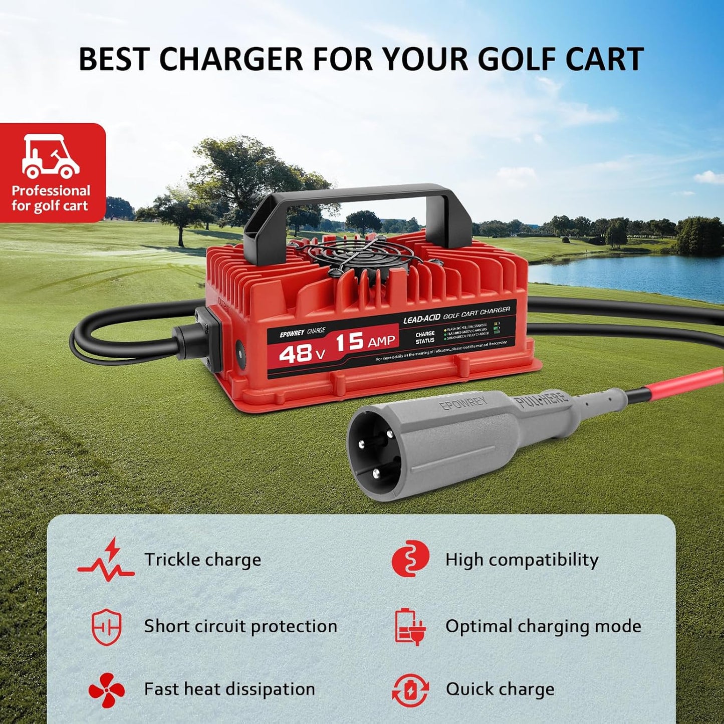 15 AMP 48 Volt Golf Carts Battery Charger for Club Car 3-Pin Round Plug,for Lead Acid Battery