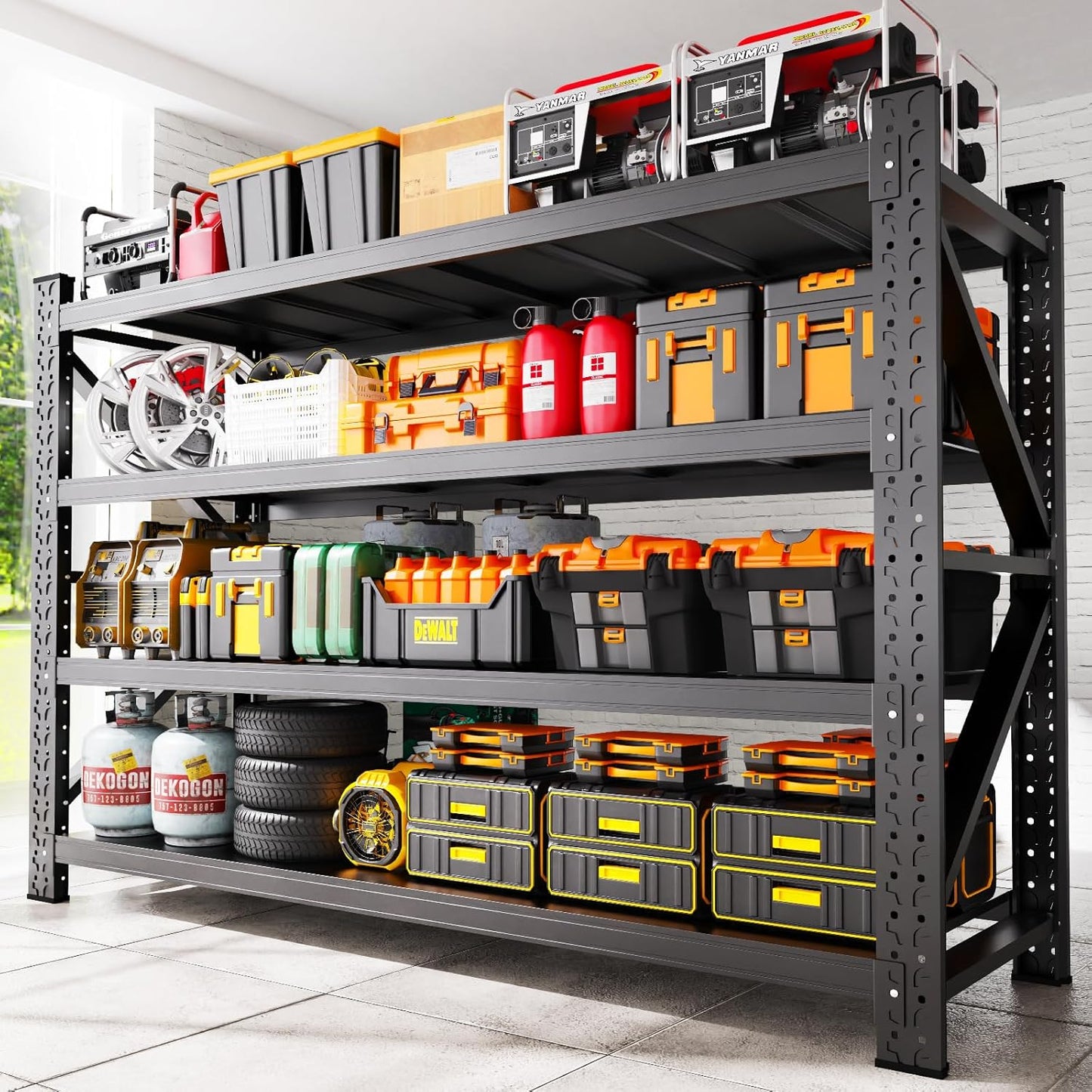 69''W Garage Shelving Heavy Duty, Metal Garage Shelves, 7000LBS Storage Shelves 4 Tier Adjustable Steel Shelving Units, Wide Industrial Shelving Storage Rack for Warehouse, Basement,Black