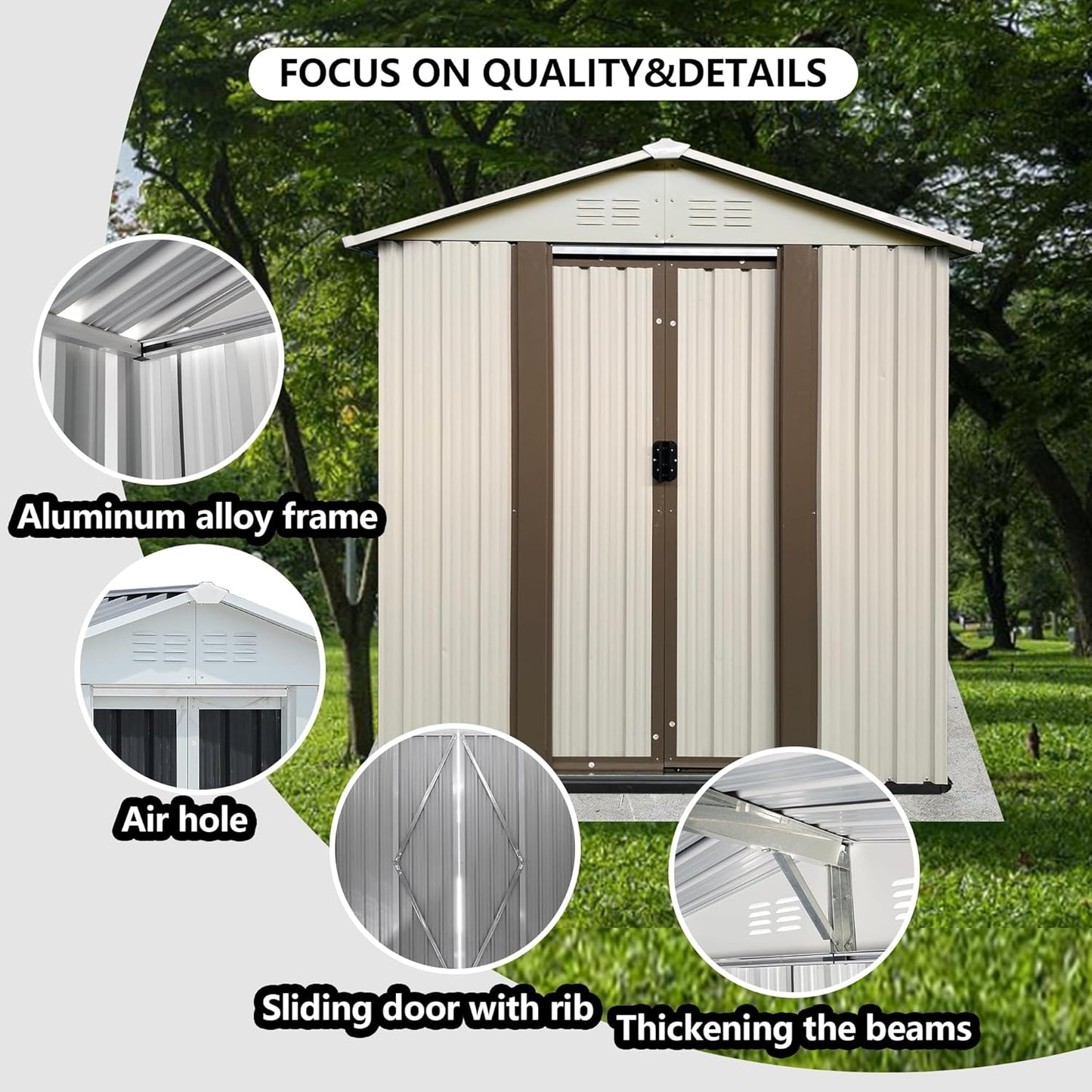 5x3 FT Outdoor Storage Shed, Metal Garden Shed with Lockable Sliding Doors, Small Outside Tool Shed with Sloped Roof & 4 Air Vents, Waterproof Storage Building for Backyard, Patio, Lawn, Cream White