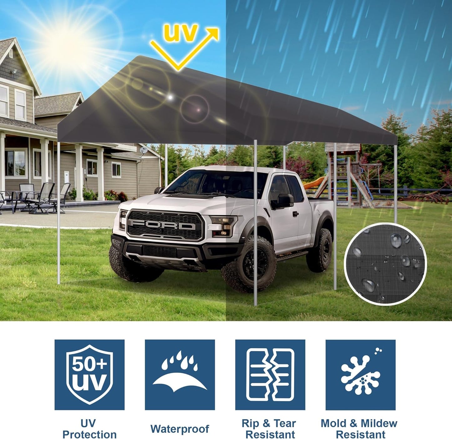 10' x 20' Upgraded Carport Replacement Canopy Cover Grey for Car Garage Shelter Party Tent Top Tarp with Ball Bungees (Only Top Cover, Frame is not Included)