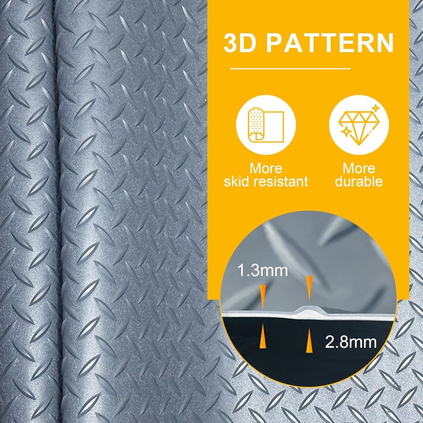 7.5x20 FT Garage Floor Mat, 2.8mm Thickened Flooring Roll with 20Pcs Tapes, Diamond Plate PVC Rubber Trailer Mat, Non-Slip Floor Protector Mat for Garage, Warehouse, Gyms, Trailer(Matte Gray)