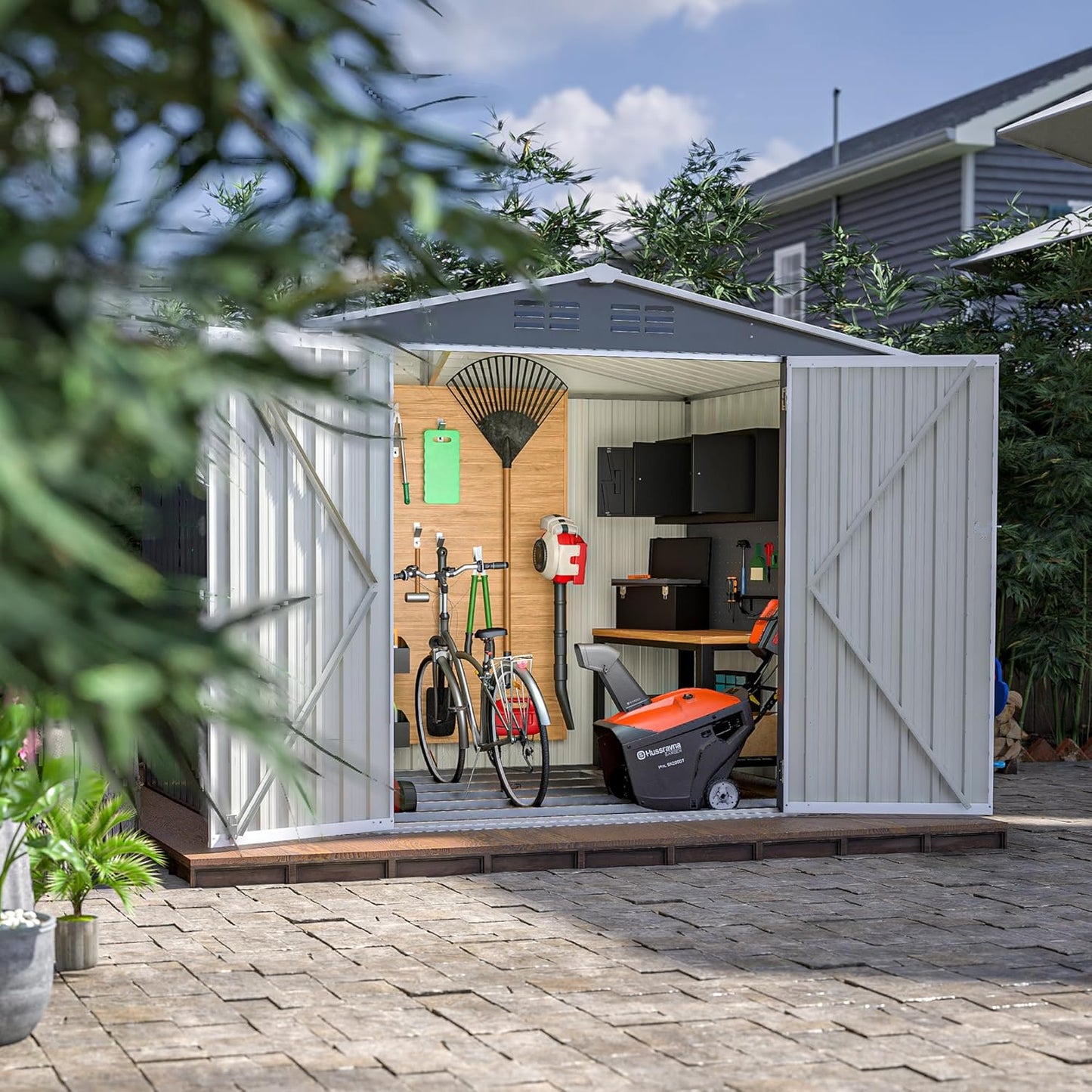 8 x 6 FT Outdoor Storage Metal Shed, Bike Garden Tool Shed with Slooping Roof, Lockable Doors and Aluminum Frames, Shed Easy to Assemble for Garden, Patio, Lawn, Grey