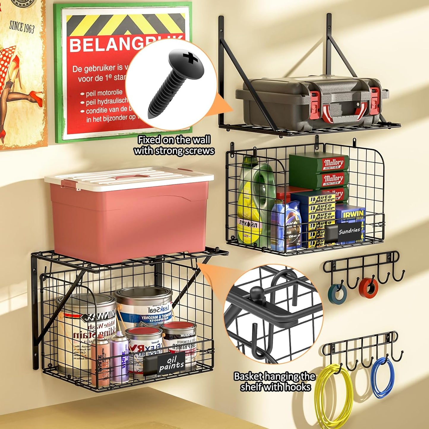 2 Pack Garage Shelves Wall Mounted with Wire baskets, Heavy Duty Garage Wall Shelving with Hooks, Wire Shelf Baskets Tool Organizer for Home Garden Garage Organization and Storage