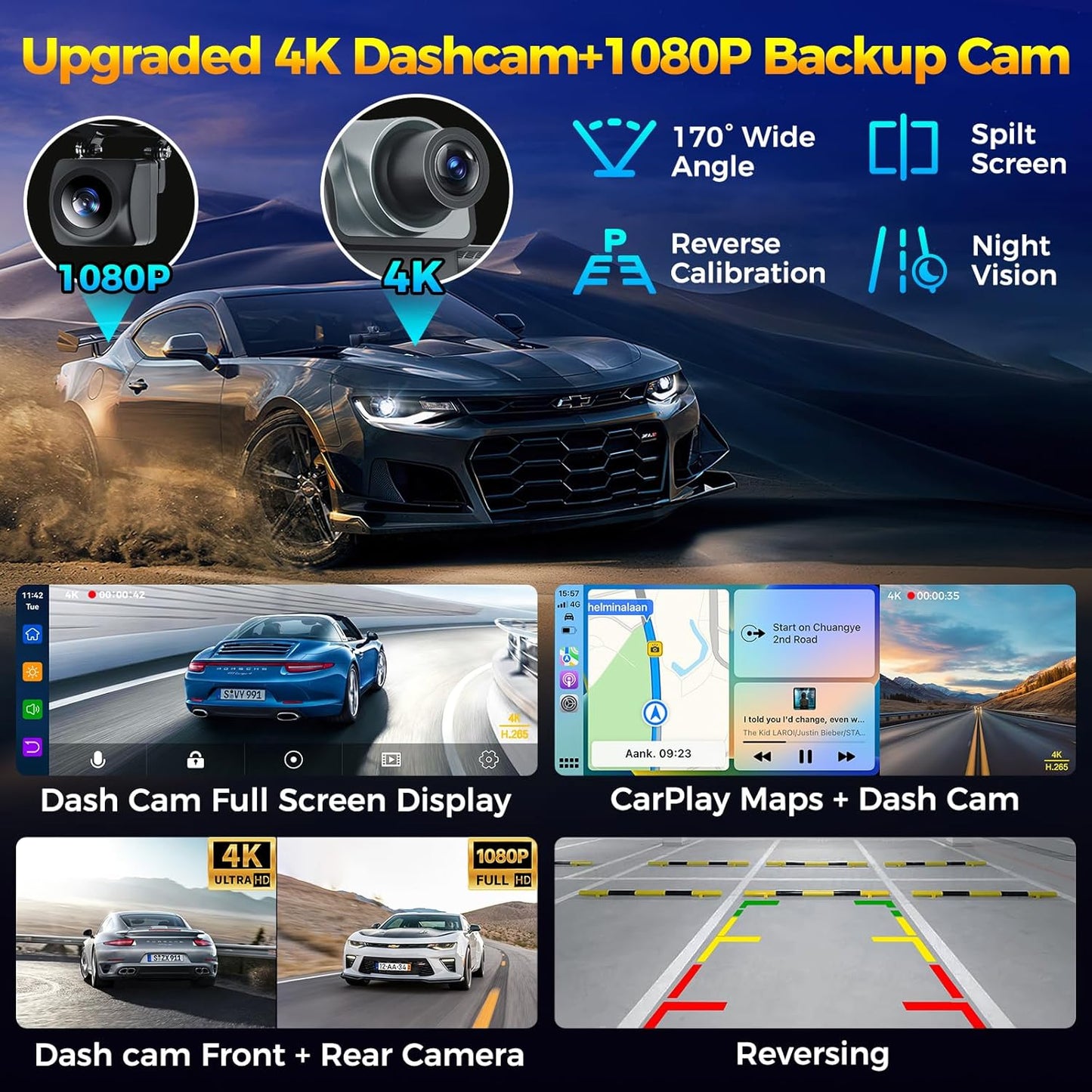 10.26" Wireless Apple CarPlay Android Auto Car Screen - Secure Strong Bracket, 4K Dash Cam, GPS Navigation, HD Touchscreen, AirPlay, Car Stereo, Fits All Vehicles