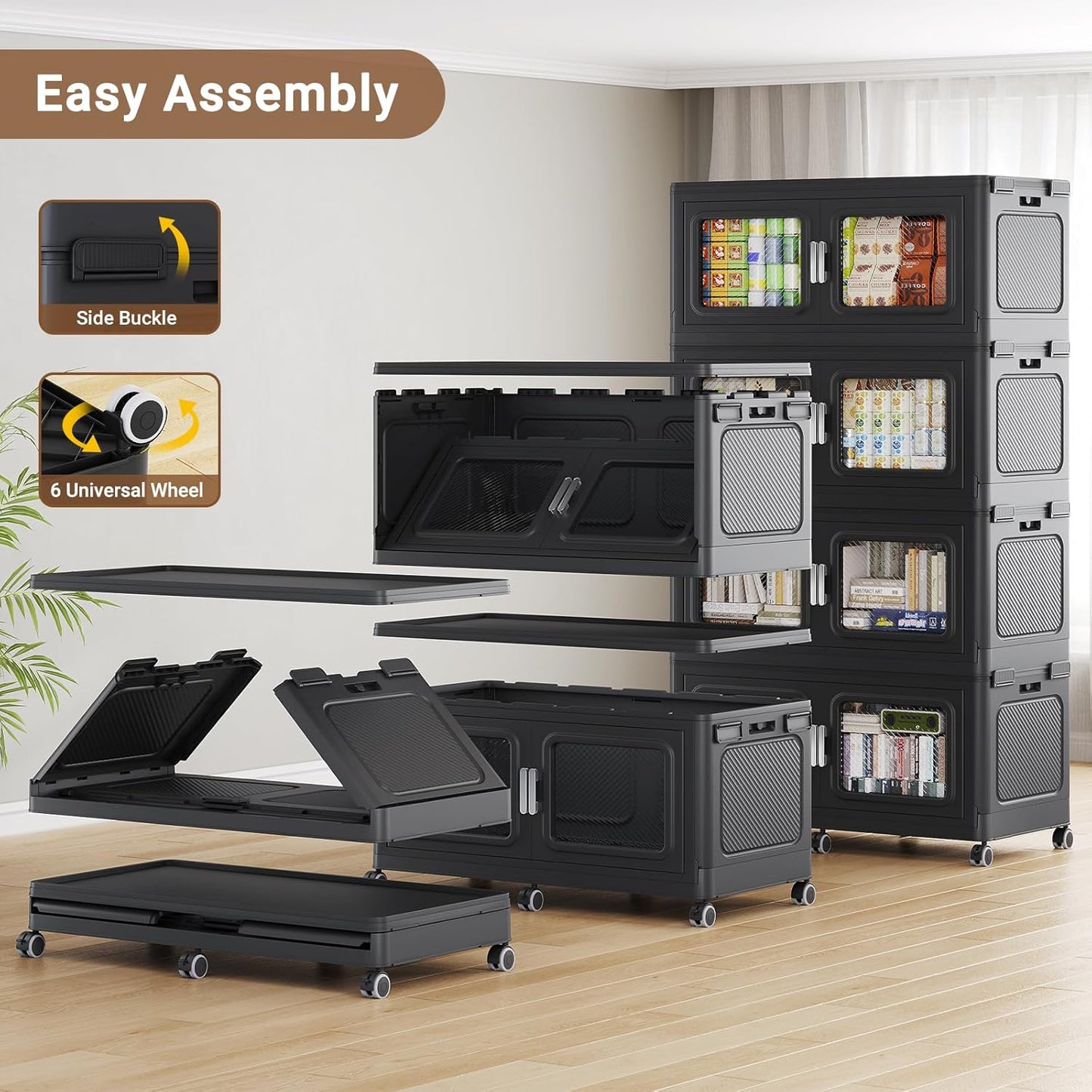 1200 Qt Stackable Storage Bin with Lid, 300Gal Extra Large Collapsible Storage Boxes, Folding Plastic Drawer, Heavy-Duty Store Cabinet, Closet Organizer for Home Kitchen, 4 Pack Black