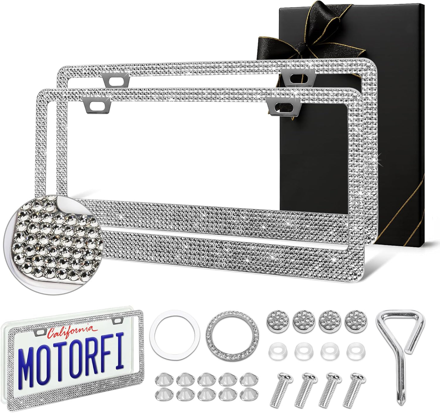 2 Pack Silver Bling License Plate Frames for Women - Stainless Steel with Diamond Sparkly Rhinestone License Plate Holder - Perfect Birthday for Auto Lovers