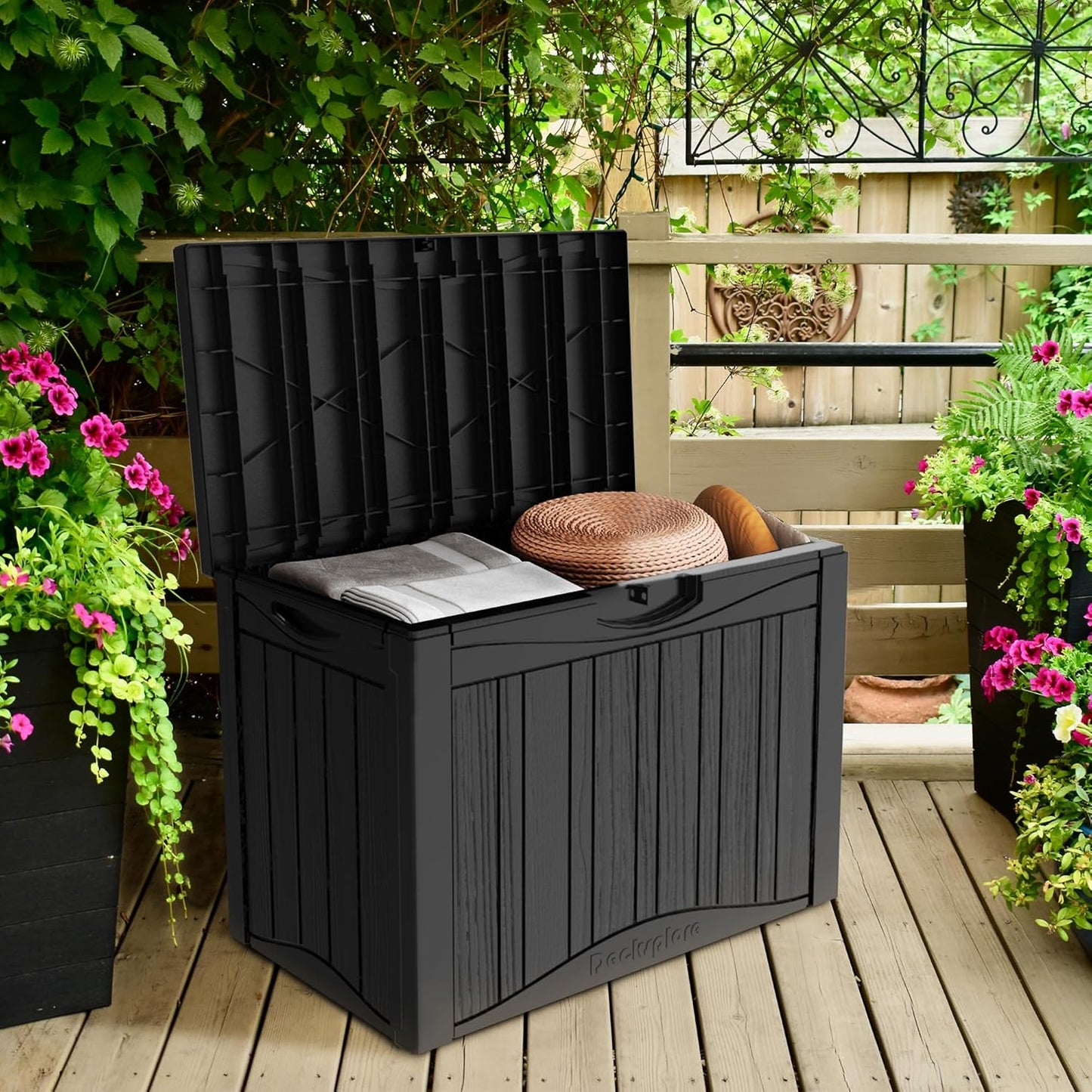 50 Gallon Lockable Resin Deck Box, Waterproof & UV-Resistant Outdoor Storage Box for Outdoor Cushion Storage, Garden Tools & Pool Accessories Storage, Black