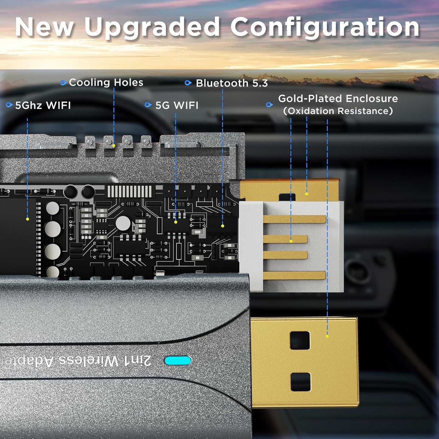 2in1 CarPlay Android Auto Wireless Adapter, Mini Car Play Cars Stick, Fast Auto Connection for OEM Wired CarPlay Car Model 2017 Above, for iPhone iOS 12 /Android 11 Above, Silver