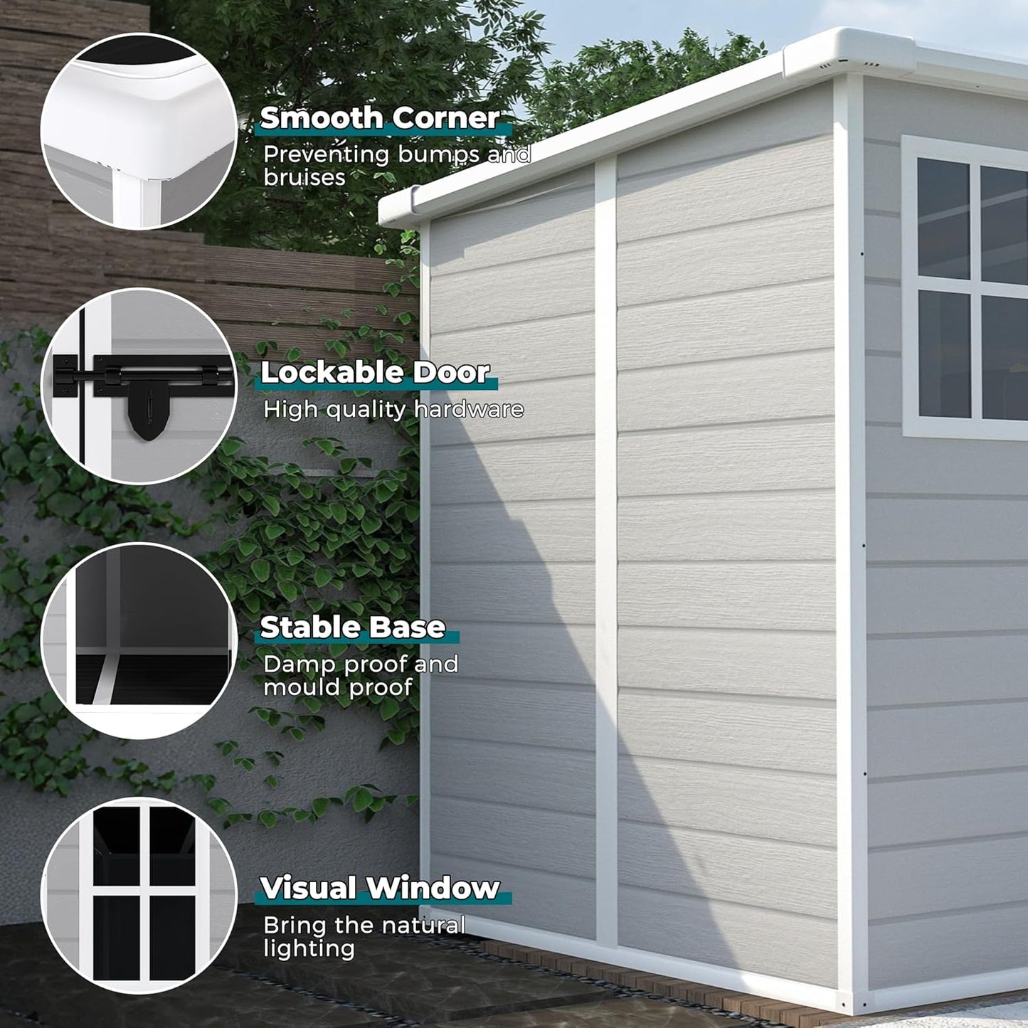 6x6 FT Outdoor Storage Resin Shed with Floor,Waterproof Garden Bike Shed with Lockable Door, Sloped Roof, Vents & Windows,Plastic Tool Shed for Lawn, Backyard, Patio,White+Gray