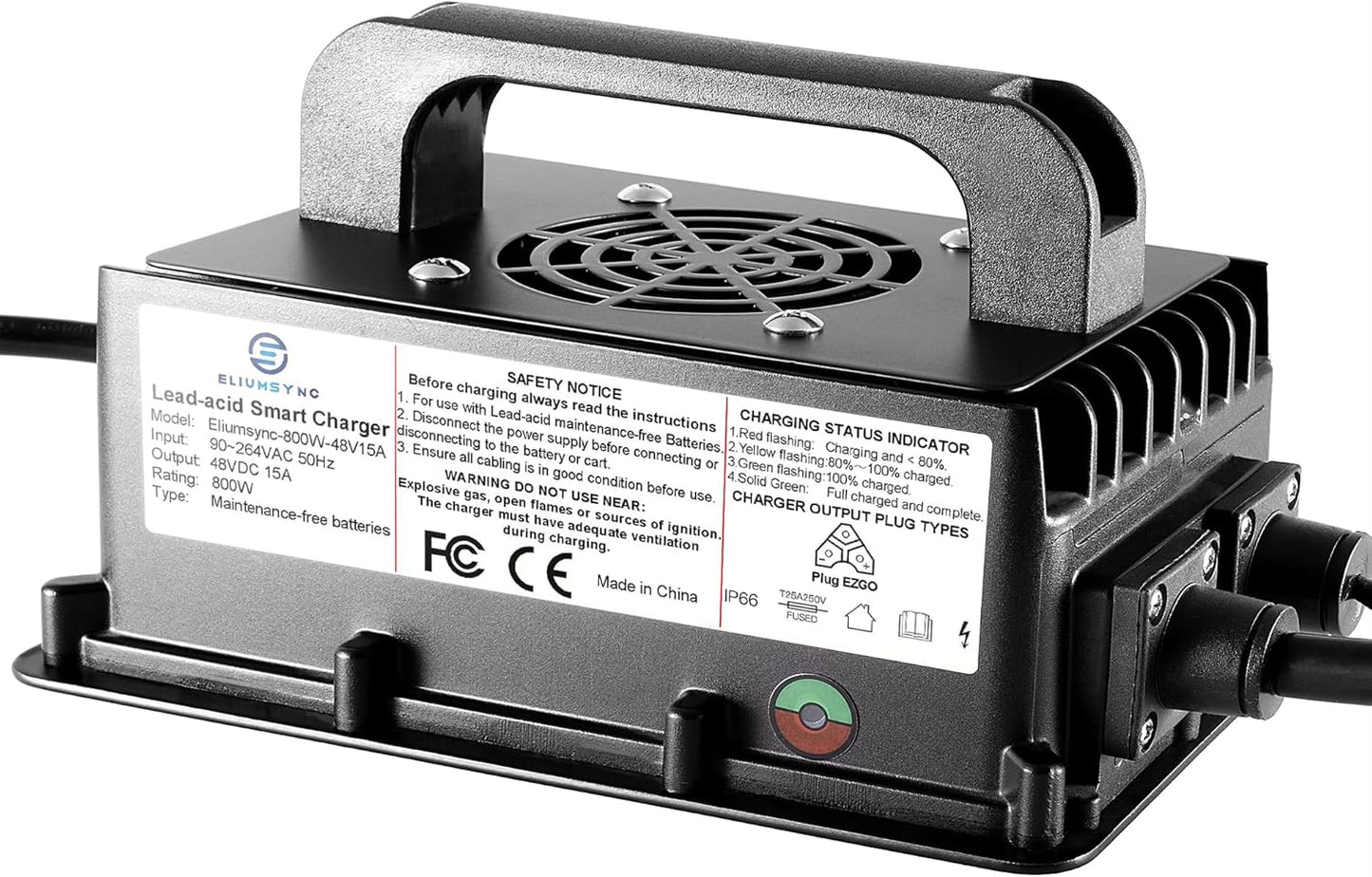 800W Lead Acid Battery Charger 48 Volt 15 AMP 3-Pin Triangular Plug EZGO RXV & TXT Golf Carts