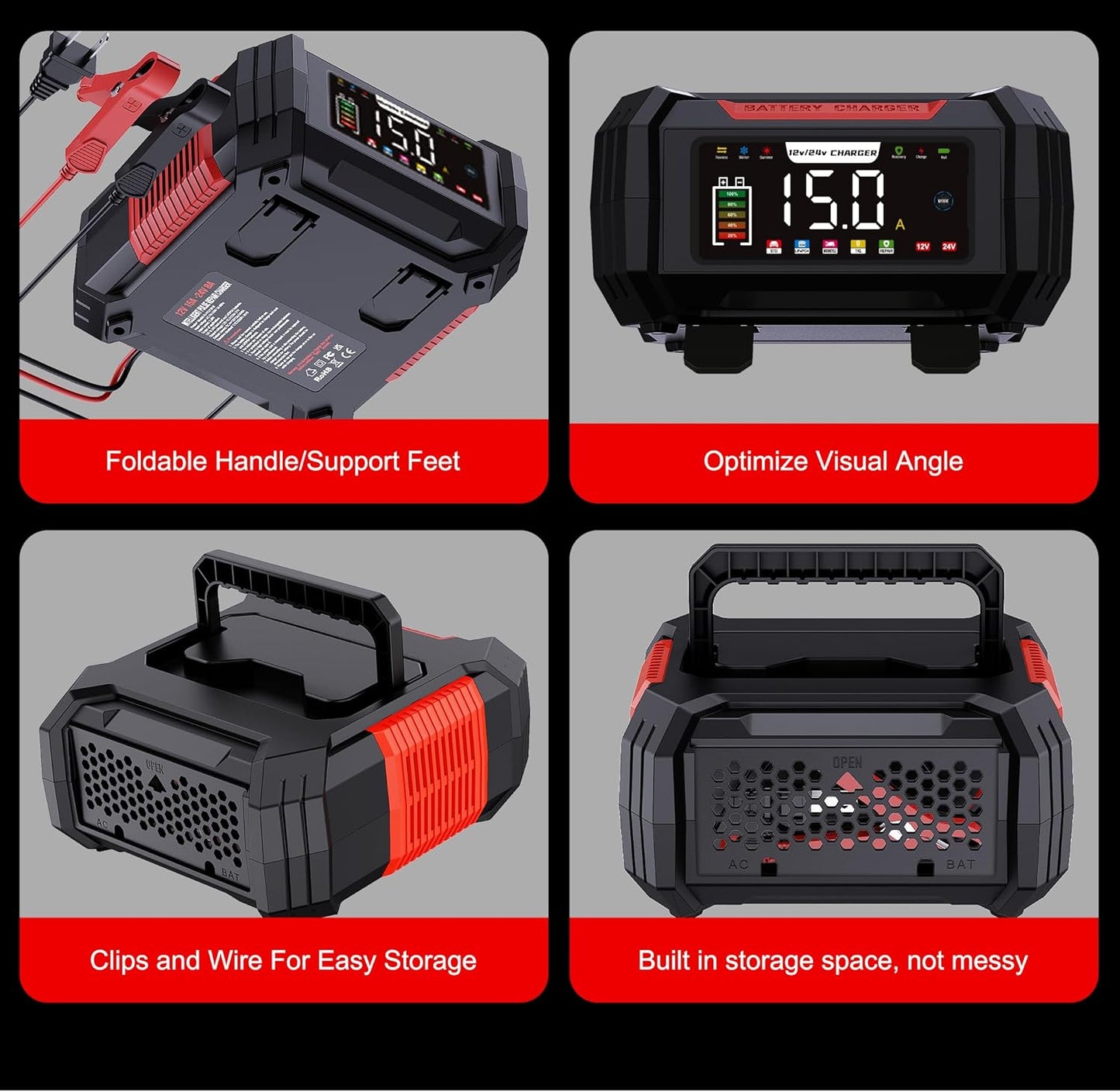 15 Amp Battery Charger, 12V 24V LiFePO4 Car Battery Charger 9-Stage Trickle Portable Charger Smart Battery Maintainer w/Battery Repair, Winter Mode, for AGM, STD, Gel, Lead Acid,Deep Cycle Batteries