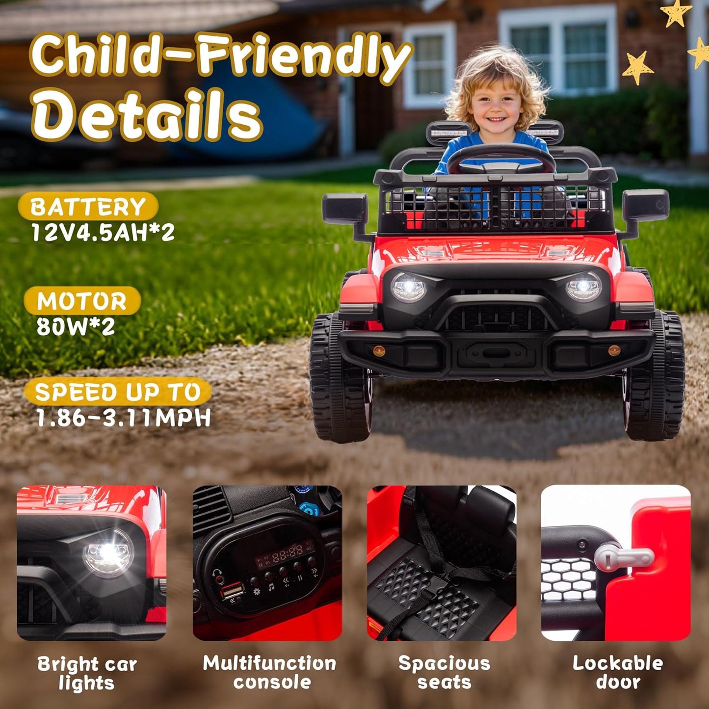24V Ride on Toys with Parents Control, Ride on TruckCar with Four-Wheel Suspension, Electric Vehicles for Kids, PowerDisplay, Bluetooth, MP3, Music, LED Headlight, 1.86-3.11MPH (Red)