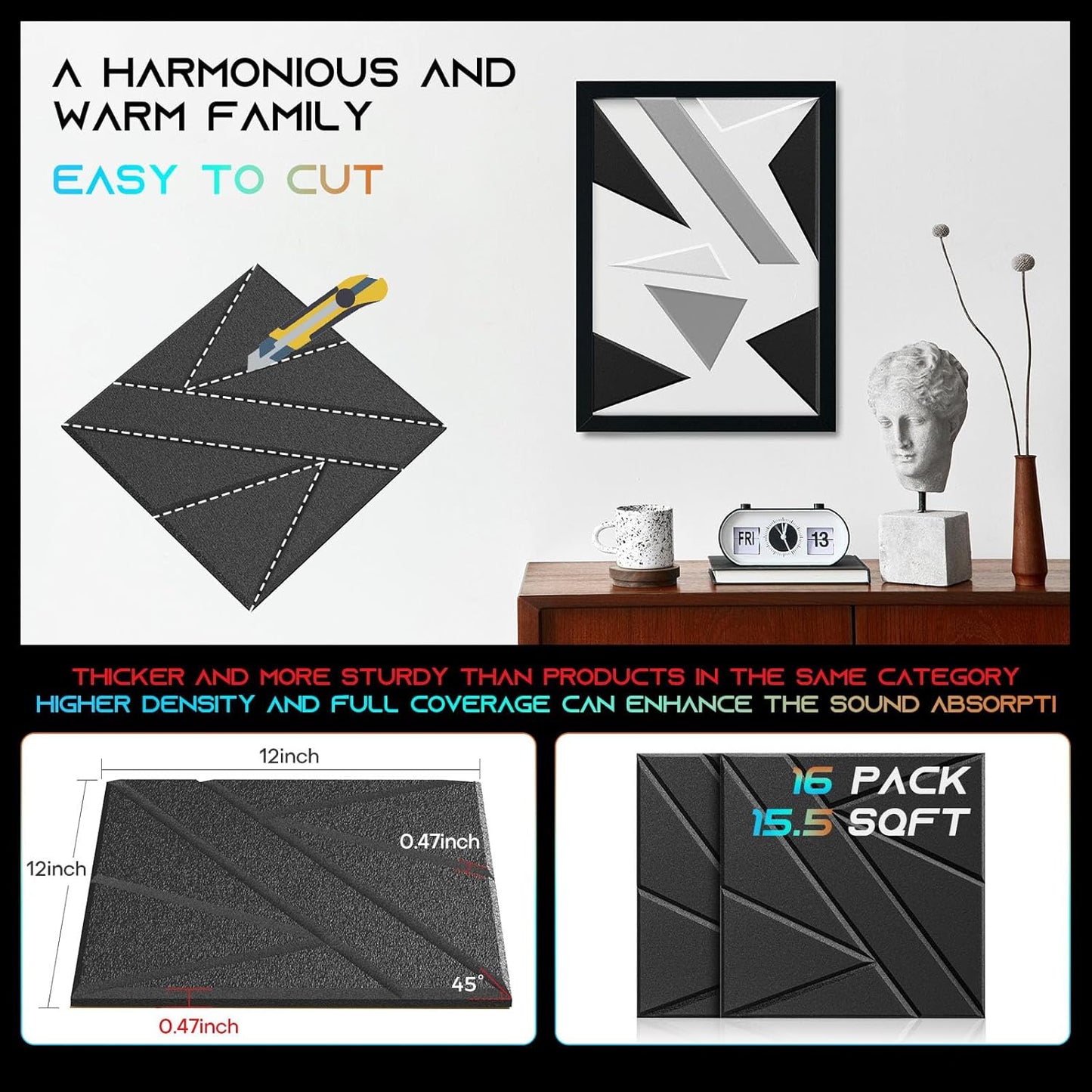 16 Pack Self-Adhesive Soundproof Wall Panels, 12 x 12 x 0.47 In Sound Proof Foam Panels for Walls, 1.2lb/ft³ High Density, Thicker 0.47in, Acoustic Panels, Noise Dampening Panels Studio Black