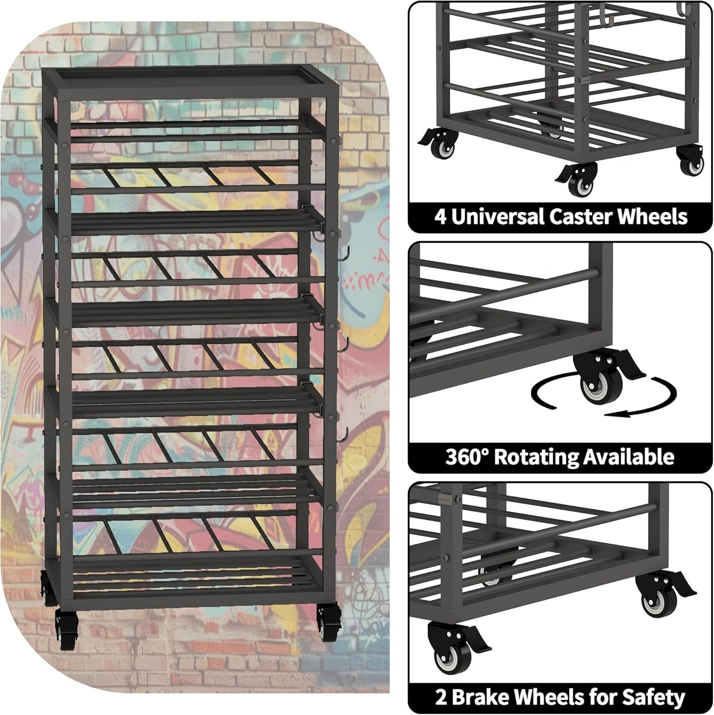 50 Can Spray Paint Rack Organizer, Metal Spray Paint Can Storage Holder, Rolling Aerosol Can Cart with Storage Shelf, for Garage, Craft Workrooms