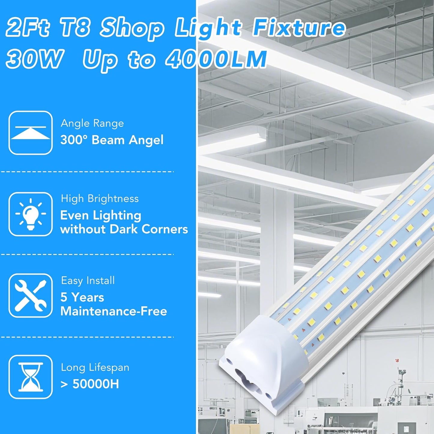 2 Pack 2FT T8 LED Shop Lights, 30W Integrated Tube Light, 4800LM 6000-6500K Daylight, Linkable Lighting, Plug & Play Energy-Saving Commercial Bay Lighting for Garage Warehouse Basement (V8)