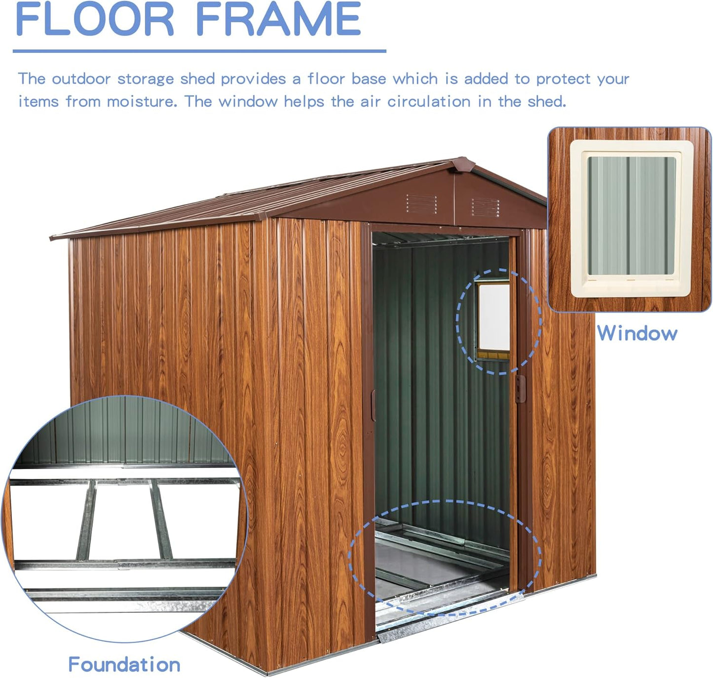 6x6 FT Outdoor Storage Shed, Metal Garden Shed with Frame Floor, Outside Tool Shed with Window, Waterproof Storage Building with Lockable Sliding Doors & Sloped Roof for Backyard, Patio, Coffee