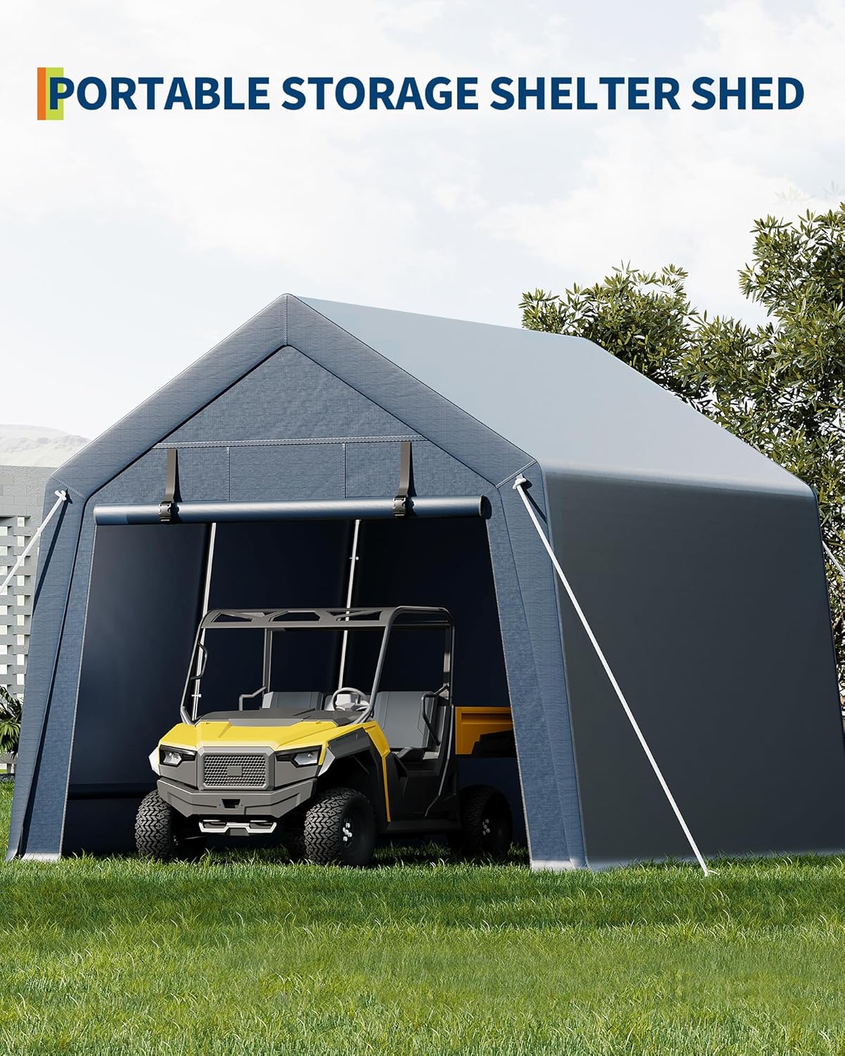 10x10FT Outdoor Storage Shed, Portable Carport with Roll-up Ventilated Zipper Door and Windows, Heavy Duty Waterproof Tarp, Storage Sheds for Motorcycle, Bike, Firewood, Garden Tools