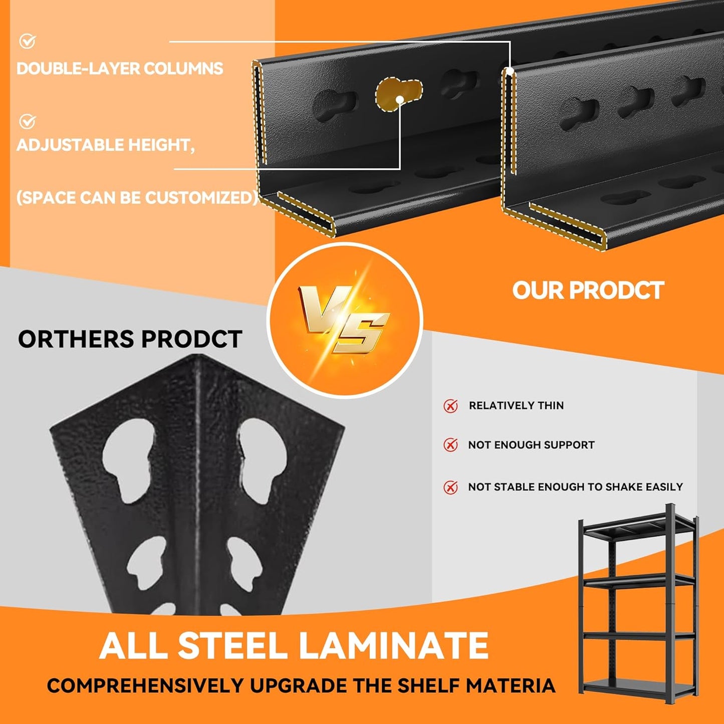 63"H Garage Shelving Heavy Duty Rack, 2400LBS Extra Large Capacity 4 Tier Adjustable Storage Shelves, Metal Industrial Shelf Units for Garage, Basement and Warehouse, 63"H×35.4"W×13.78"D, Black