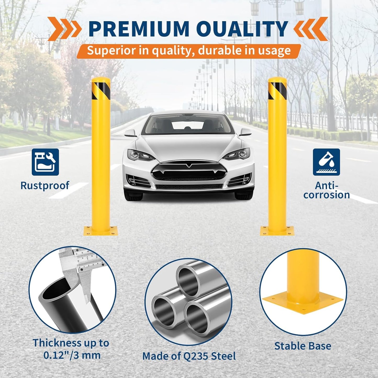 4.5x42 Inch Safety Bollard Post - Yellow Steel Bollard with Anchor Bolts (4-Pack) for Parking Lots, Walkways & Traffic Areas