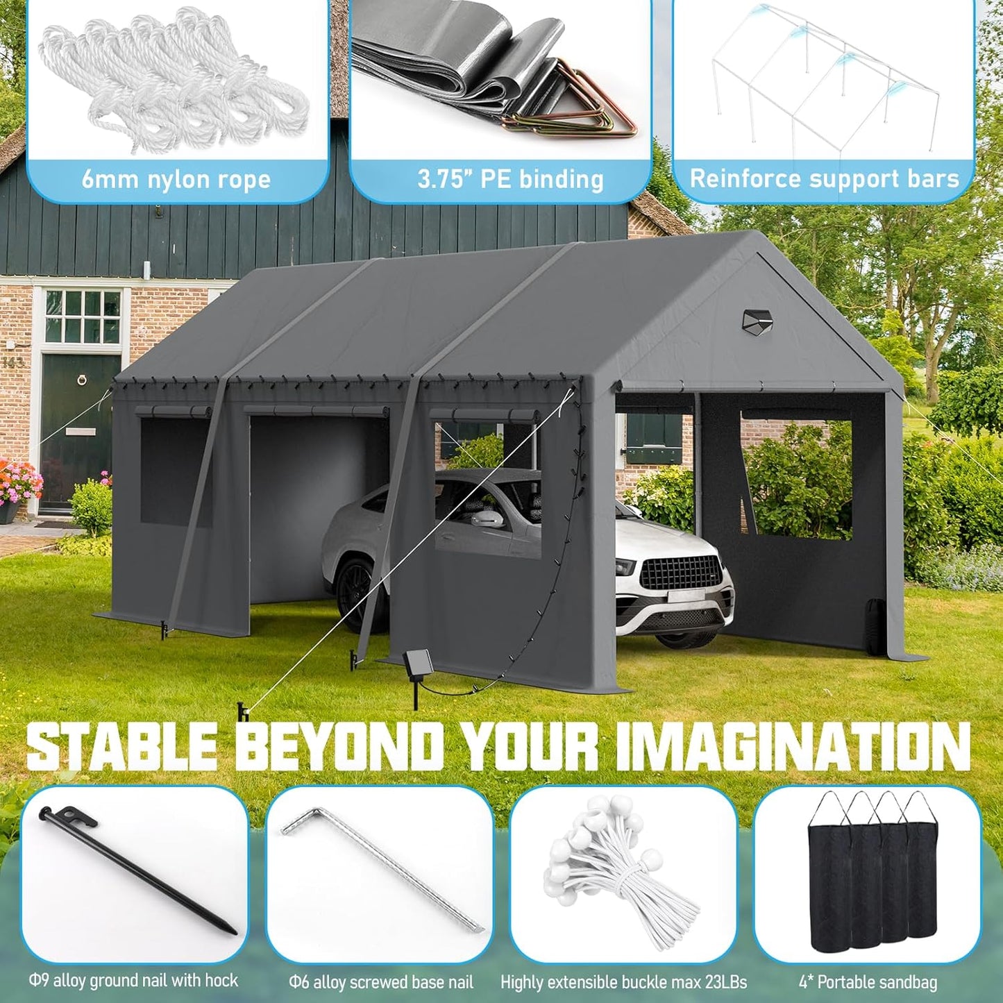 10x20 Carport, Heavy Duty Carport Canopy Garage with Removable Sidewalls and Drive Through Roll Up Zipper Doors & Side Doors, Grey