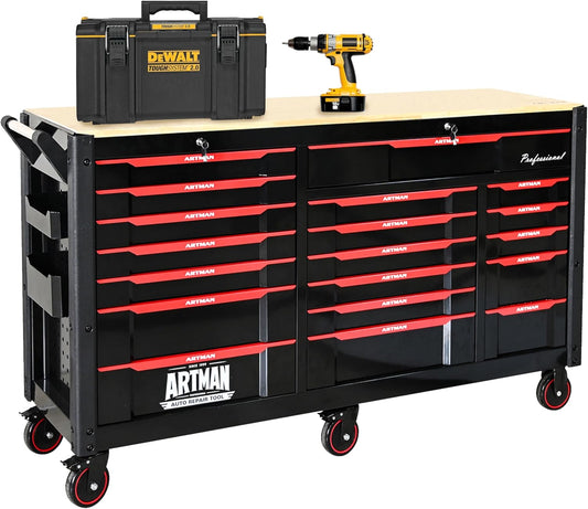 66-Inch Rolling Tool Chest and Workbench with Wheels & 19 Drawers, Lockable Storage Cabinet Stainless Steel for Garage Workshop (Tool Cart)