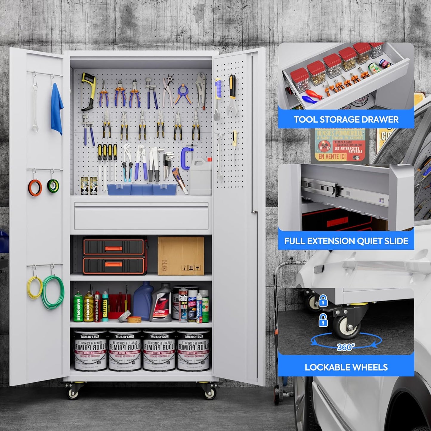 71" Metal Garage Storage Cabinet with 16 Hooks and Pegboards,1 Drawer Inside Rolling Tool Storage Cabinet with Adjustable Shelves,3 Metal Hanging Rod for Garage,Warehouse(White)