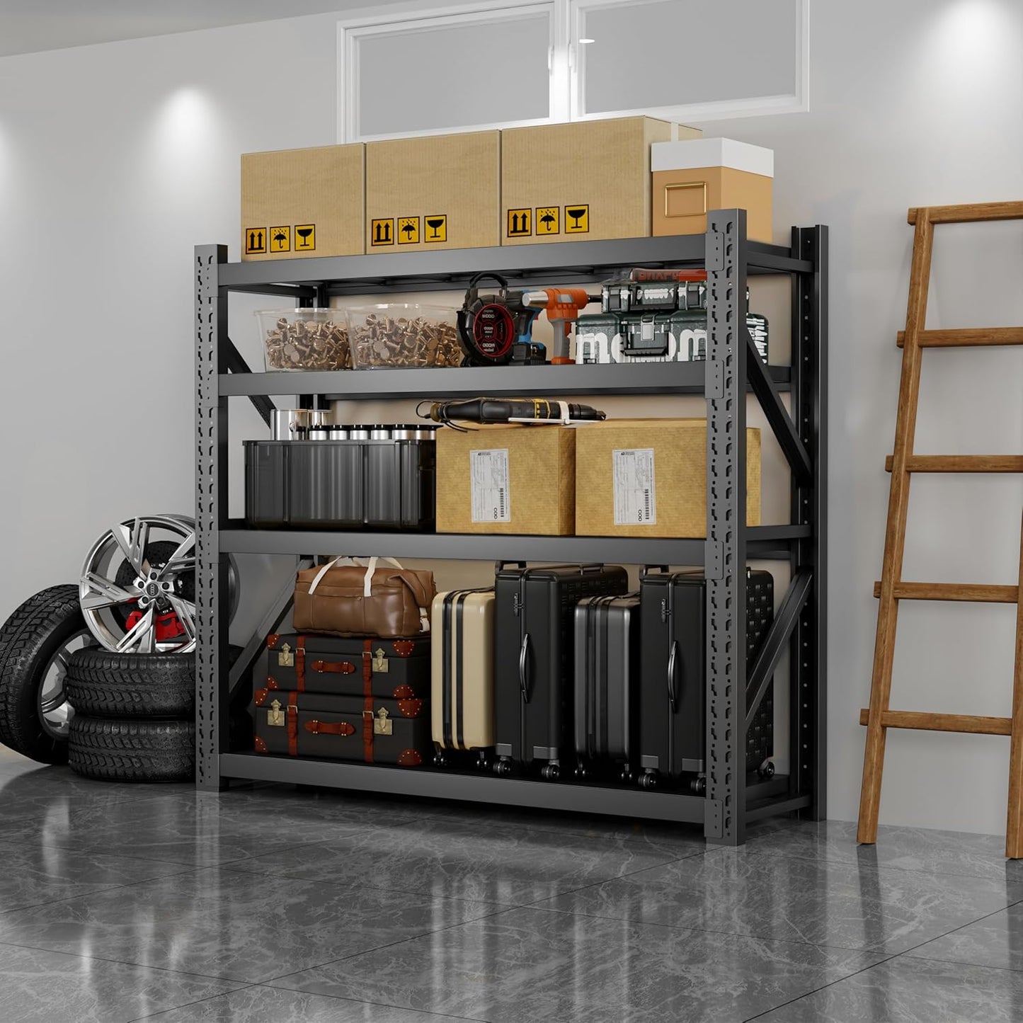 3000LBS Heavy Duty Storage Shelves,78''H Metal Garage Shelving, 4-Tier Adjustable Garage Organization Shelving Units, Industrial Shelving for Warehouse,Workshop- Black & Yellow