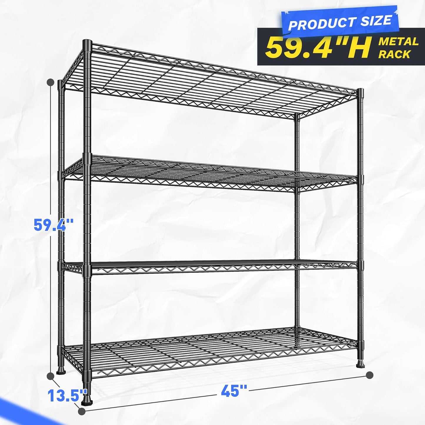 45 "W Metal Shelving Unit 4 Tier Storage Shelves Adjustable Wire Shelving Metal Shelf Pantry Shelves Wire Rack Commercial Shelving for Kitchen Pantry Utility Room Garage 45 "W x 59.4 "Hx 13.5" D Black