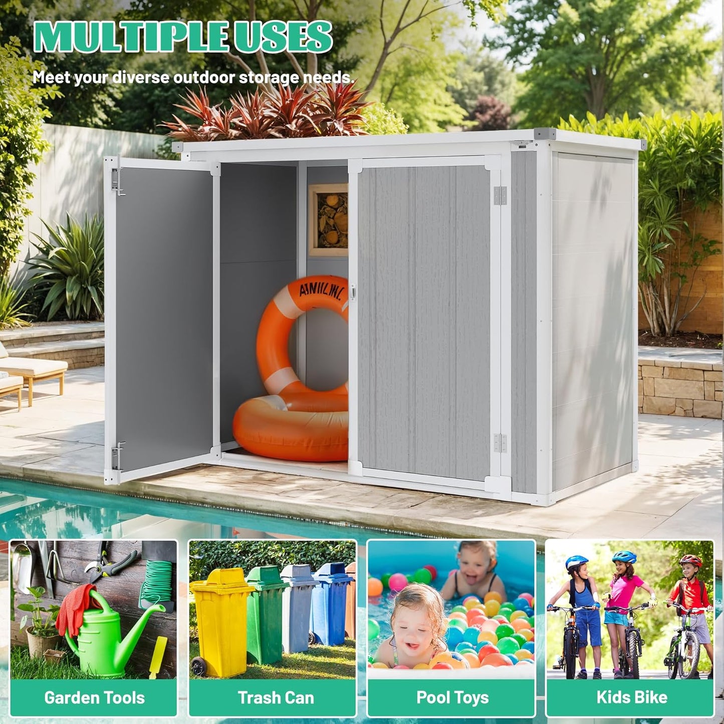 41 Cu.Ft Resin Shed with Floor, 4.7x2.5 FT Outdoor Horizontal Storage Shed for Trash Cans and Garden Tools, Waterproof Outdoor Plastic Shed for Lawn Mower, Pool Toys, Bicycle (Gray)