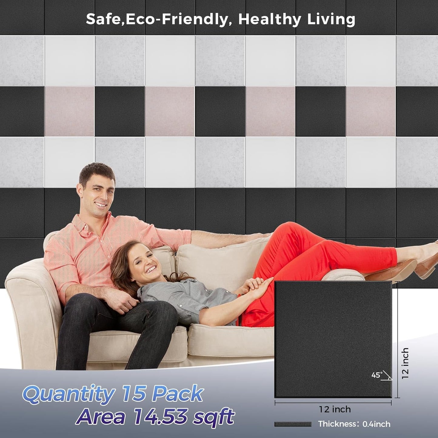 15 pcs 165dtex Microfiber Acoustic Panels ，Self-Adhesive Soundproof Wall Panels, 12 x 12 x 0.4 in Sound Proof Foam Panels for Walls, High Density, Noise Dampening Panels for Home Studio（Black）