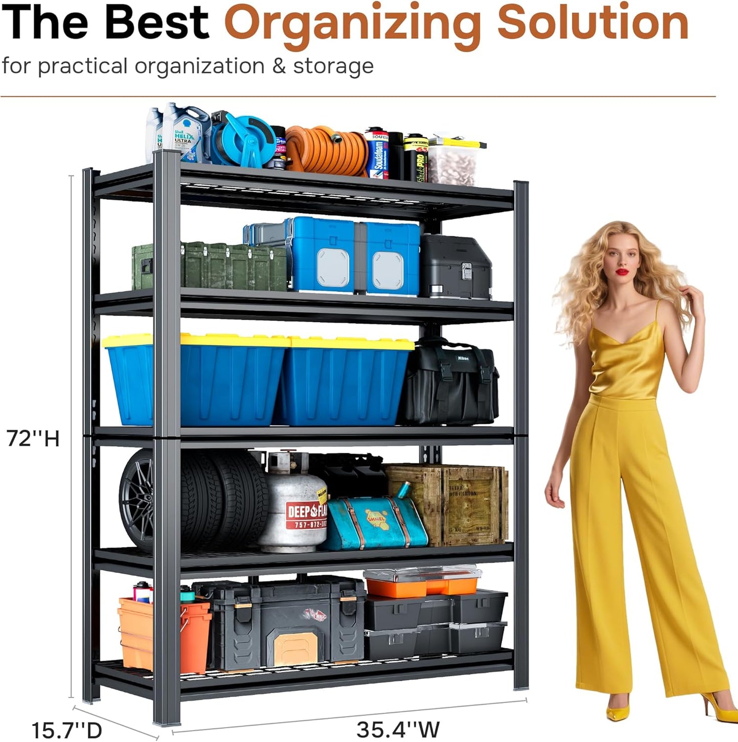 3000LBS Wire Shelving Unit, 5 Tier Adjustable Metal Storage Shelves for Kitchen Pantry Office Steel Organizer Wire Rack for Narrow Space College Dorm School, 15.7" D x 35.4" W x 72" H, Black