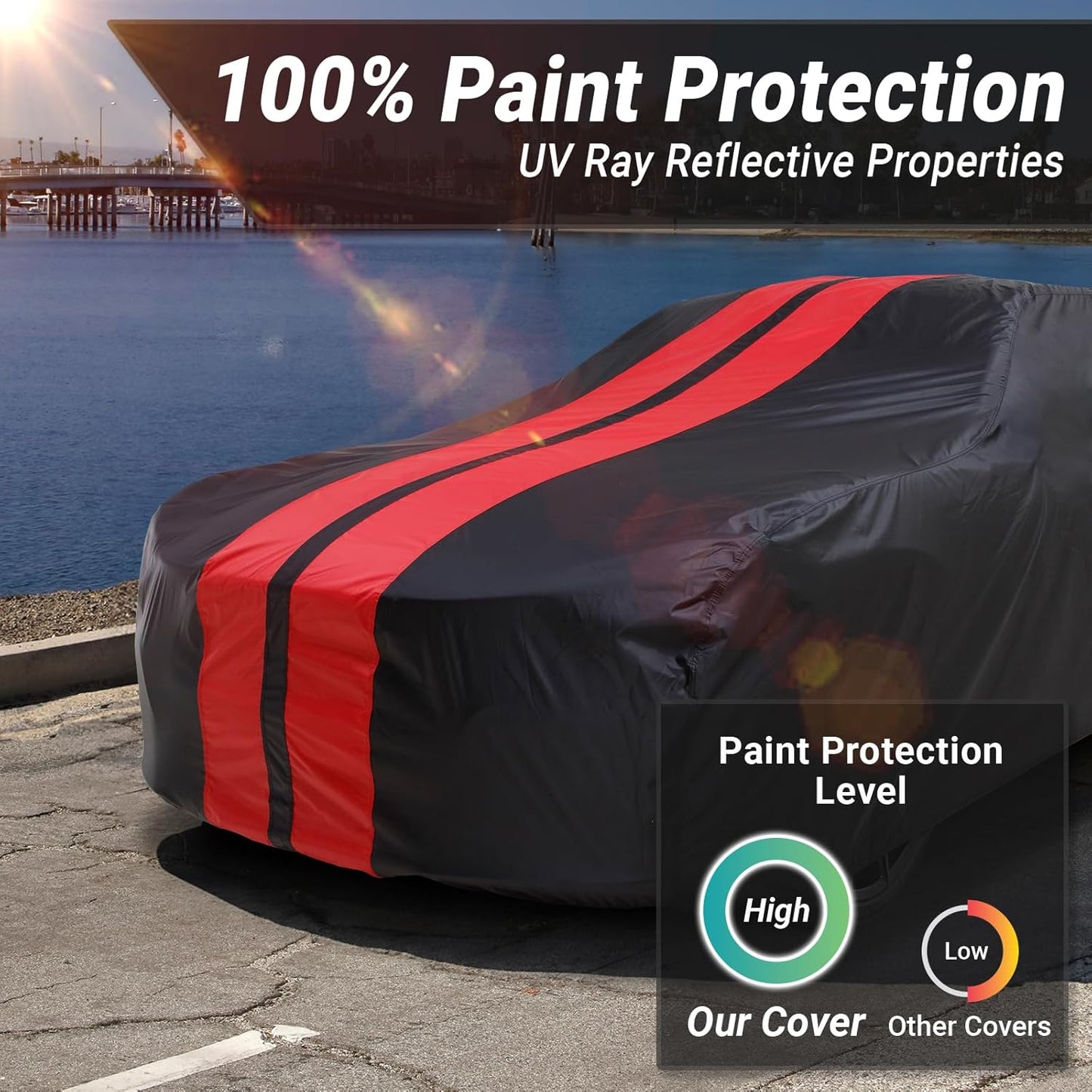 iCarCover Custom Car Cover for Pontiac Grand Safari Station Wagon (1971-1978) Waterproof All-Weather Rain Snow UV Sun Protector Full Exterior Indoor Outdoor Car Cover (Stripe - Black/Red)