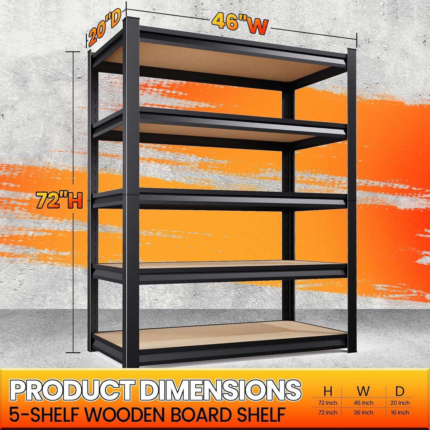 72" H*46'' Storage Shelves 2500lbs Garage Shelving Adjustable Heavy Duty Garage Shelves Easy To Install Metal Shelving Wood Shelving Unit Storage Shelf for Basement Warehouse Industrial Kitchen Pantry