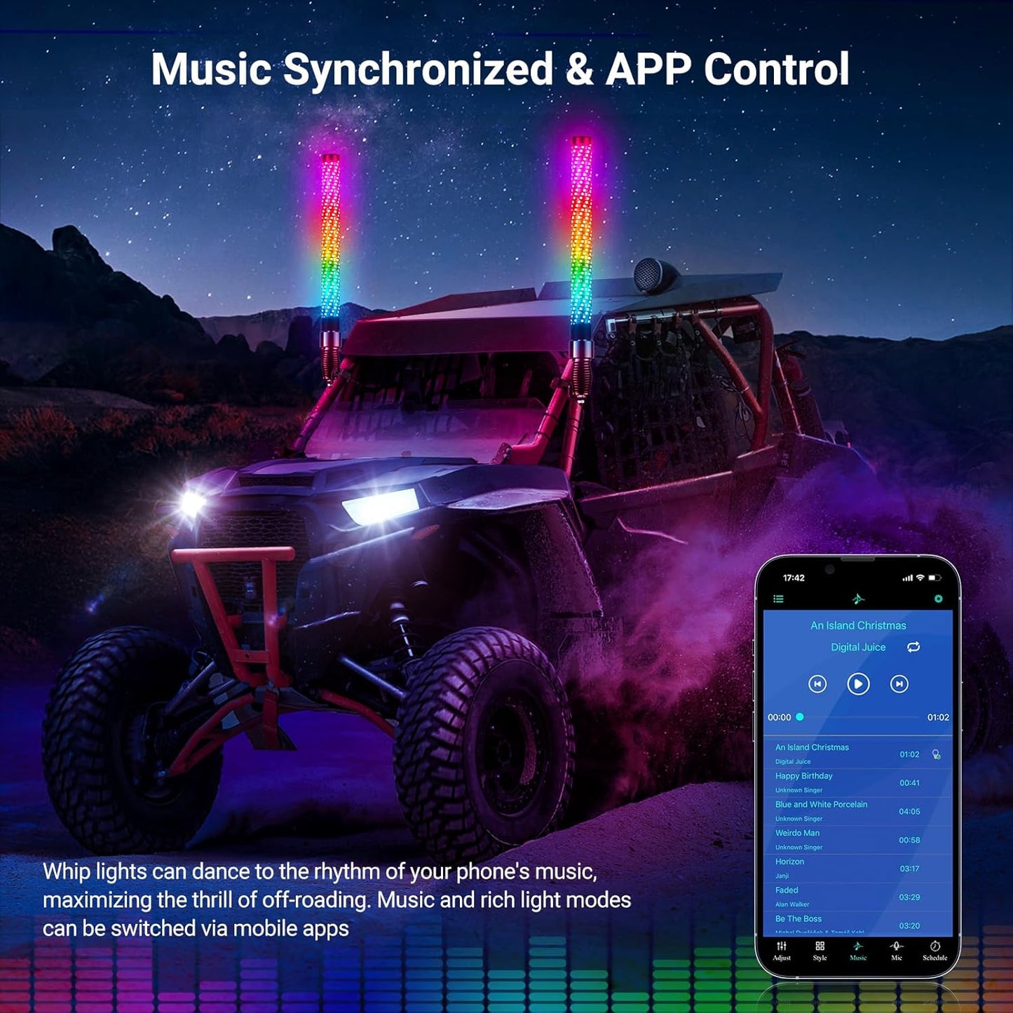 2PCS 4FT Fat Whip Lights for UTV ATV with Spring Base, Led Fatty Whip Light W/Rocker Switch & 6 Flags, Brighter Spiral Chasing Lighted Antenna Whip with APP & Remote Control for RZR SXS Can-Am