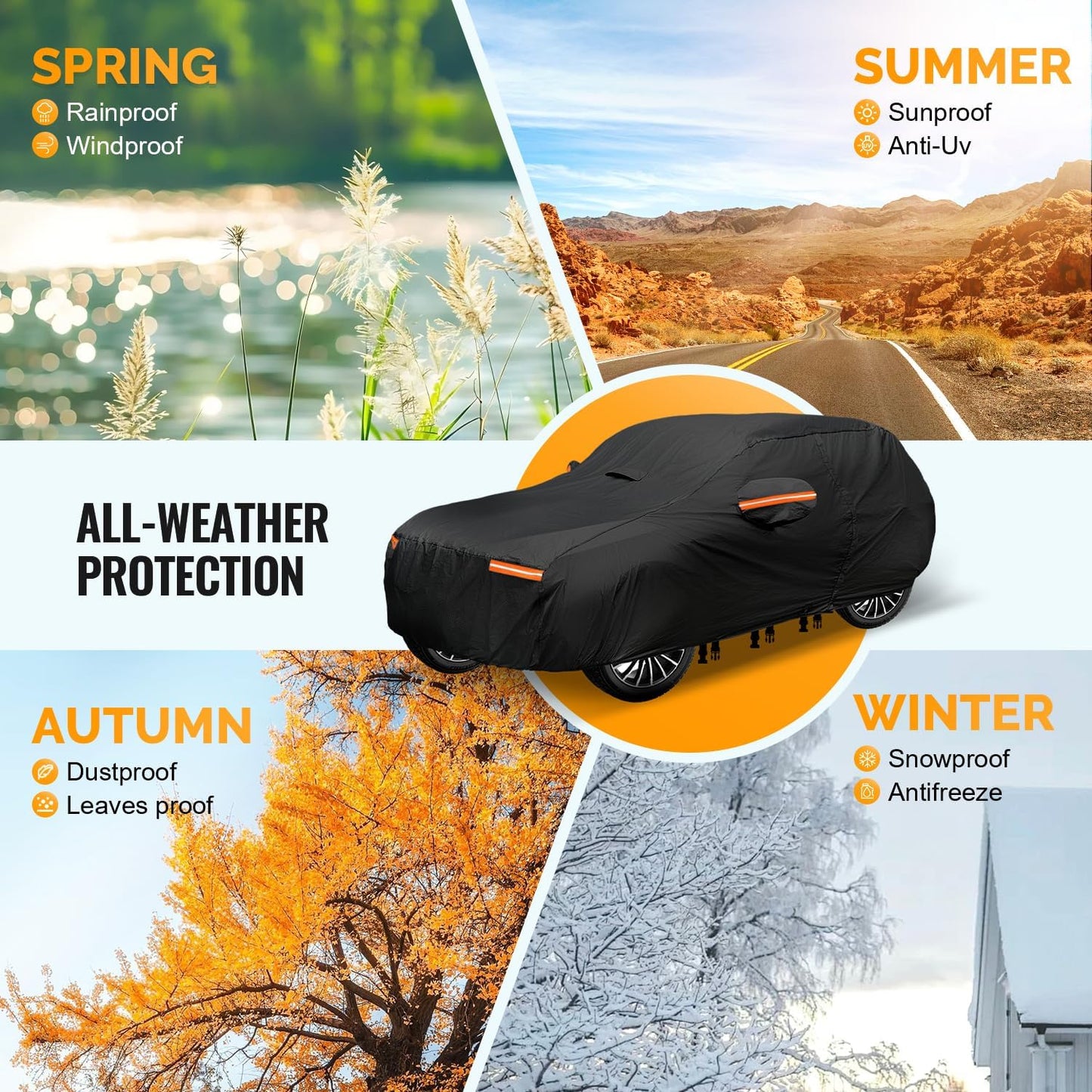 30 Layers SUV Car Cover for Automobiles All Weather Waterproof, Outdoor Snowproof UV Protection Windproof, Door Zipper, Soft Cotton, Heavy Duty Universal Car Covers, (Black, Fit SUV 191"-200")