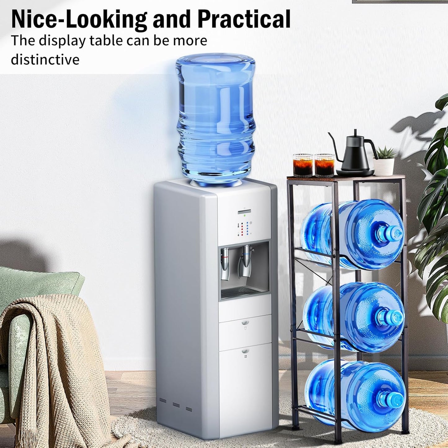 3-Tier 5 Gallon Water Bottle Holder, Heavy Duty Water Jug Rack with Wood Top Shelf, Water Dispenser Stand for Kitchen, Office, Garage