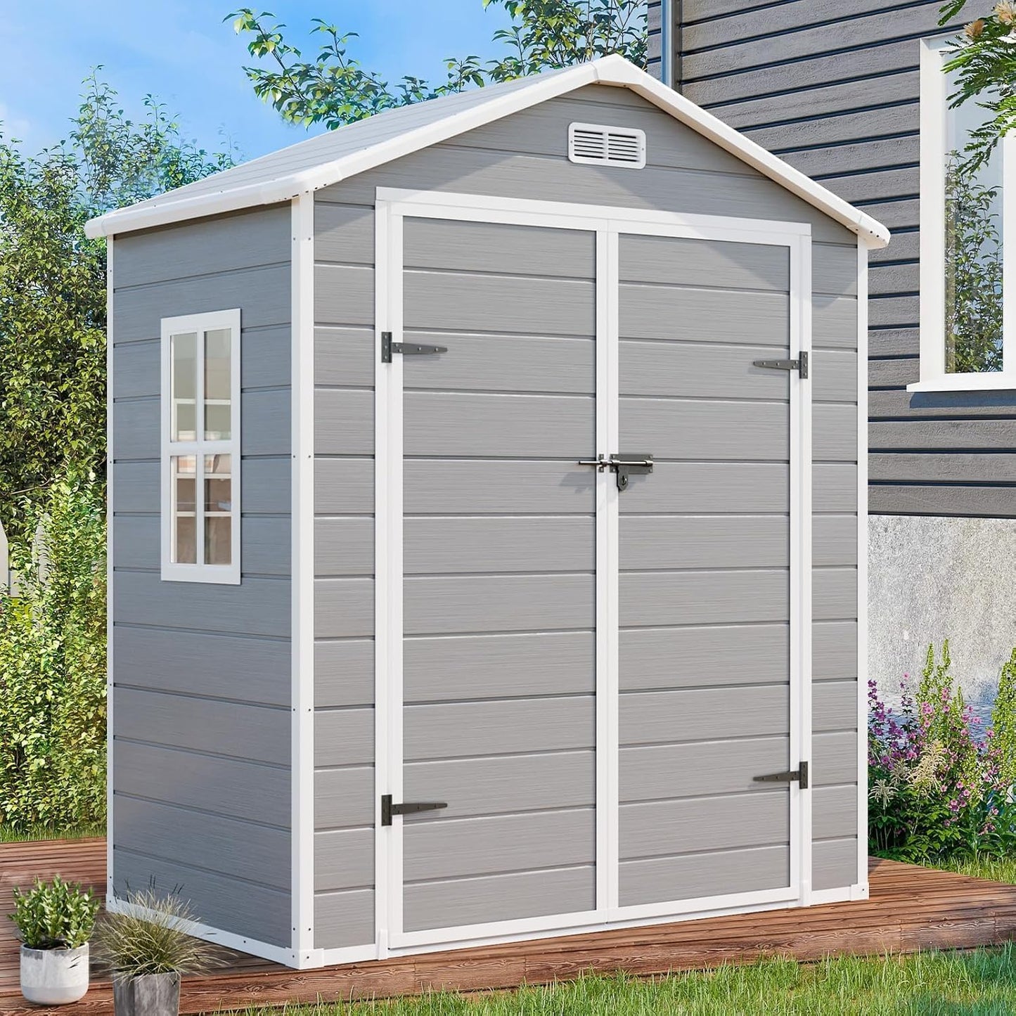 6x3 FT Resin Storage Shed, Waterproof Outdoor Shed with Floor Included, Window, Double Lockable Doors & 2 Vents, Outside Plastic Sheds for Garden Patio Backyard, Grey
