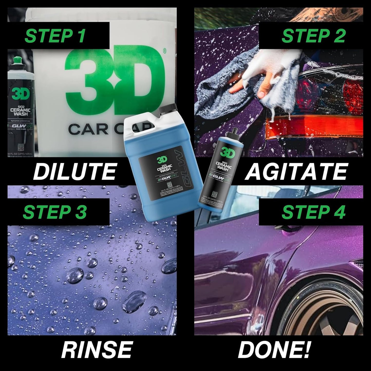 3D SiO2 Ceramic Wash & Wax Soap GLW Series – pH Neutral Car Shampoo with Hydrophobic Protection & Deep Gloss | SiO2 Coating | Scratch-Free Detailing |16 oz