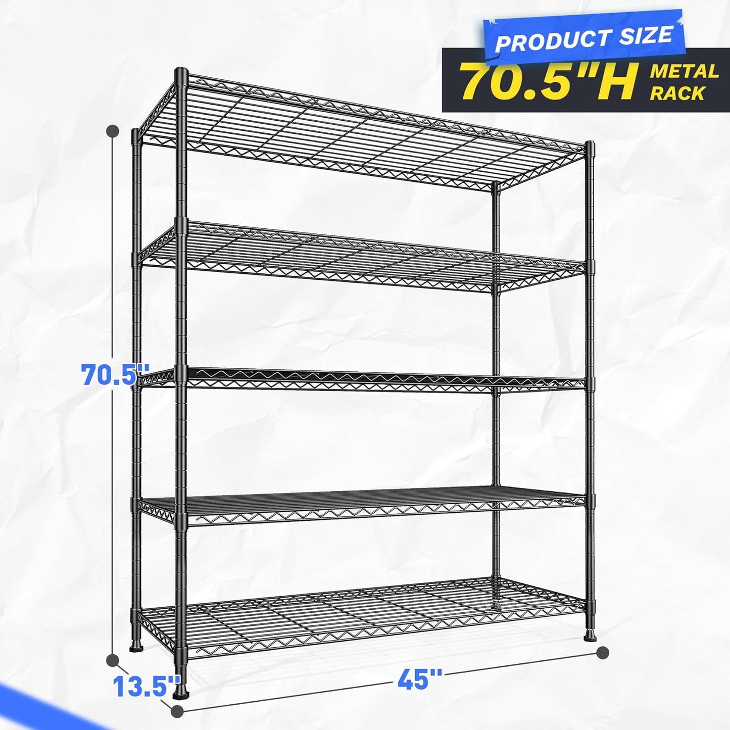 45 "W Storage Shelves 5 Tier Wire Shelving Unit Adjustable Metal Shelving Wire Shelf Pantry Shelves Wire Commercial Rack for Closet Kitchen Pantry Utility Room Garage 45" Wx 13.5" Dx70.5 H Black