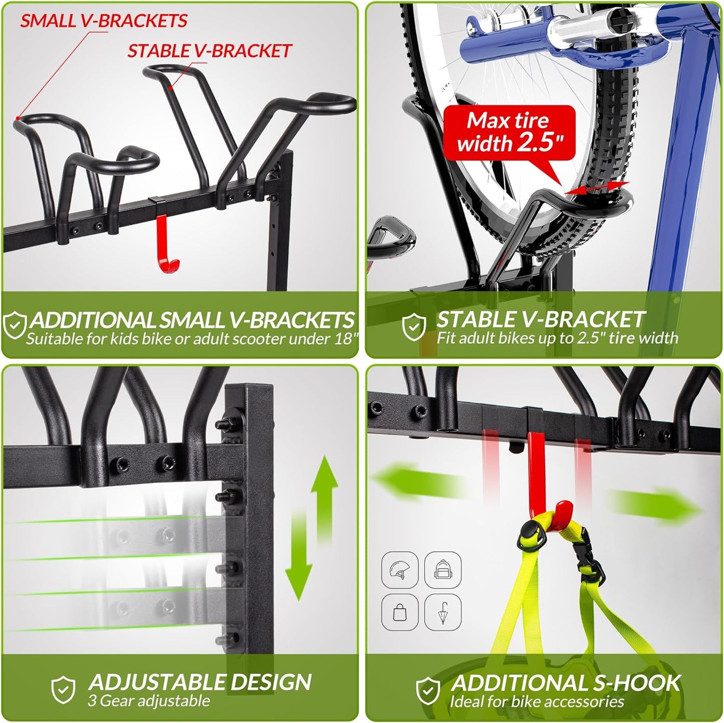 5 Bikes Floor Stand, Adjustable Bicycle Parking Rack with Hook for Garage, Indoor, Outdoor, Free Combination Bike Storage Cycle Rack for Mountain, Road and Kids Bikes, Max Tire Width 2.5”