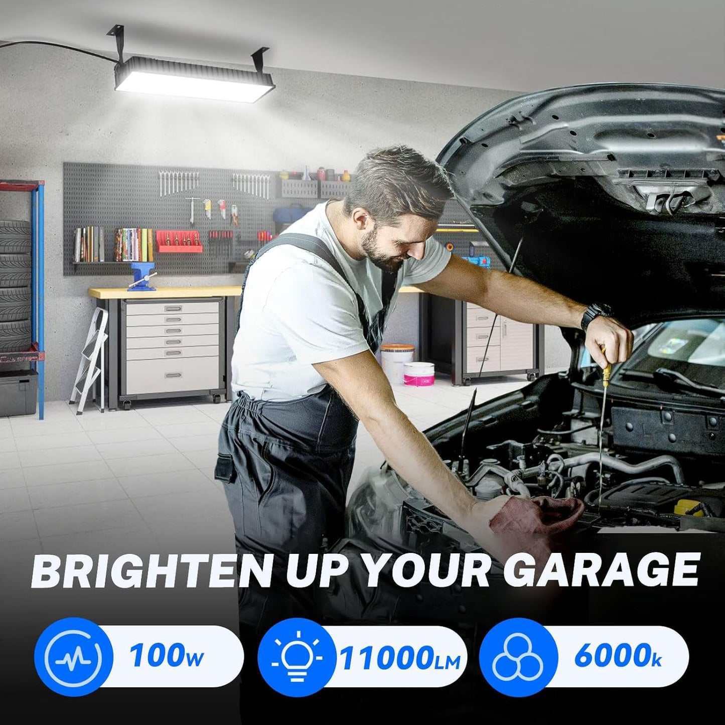 6 Pack LED Shop Lights, 100W 11000LM Plug in Garage Light with 6FT Power Cord, IP66 Waterproof Work Bench Shop Lights for Garage, Workshop, Warehouse, Outdoor, Yard, Garden