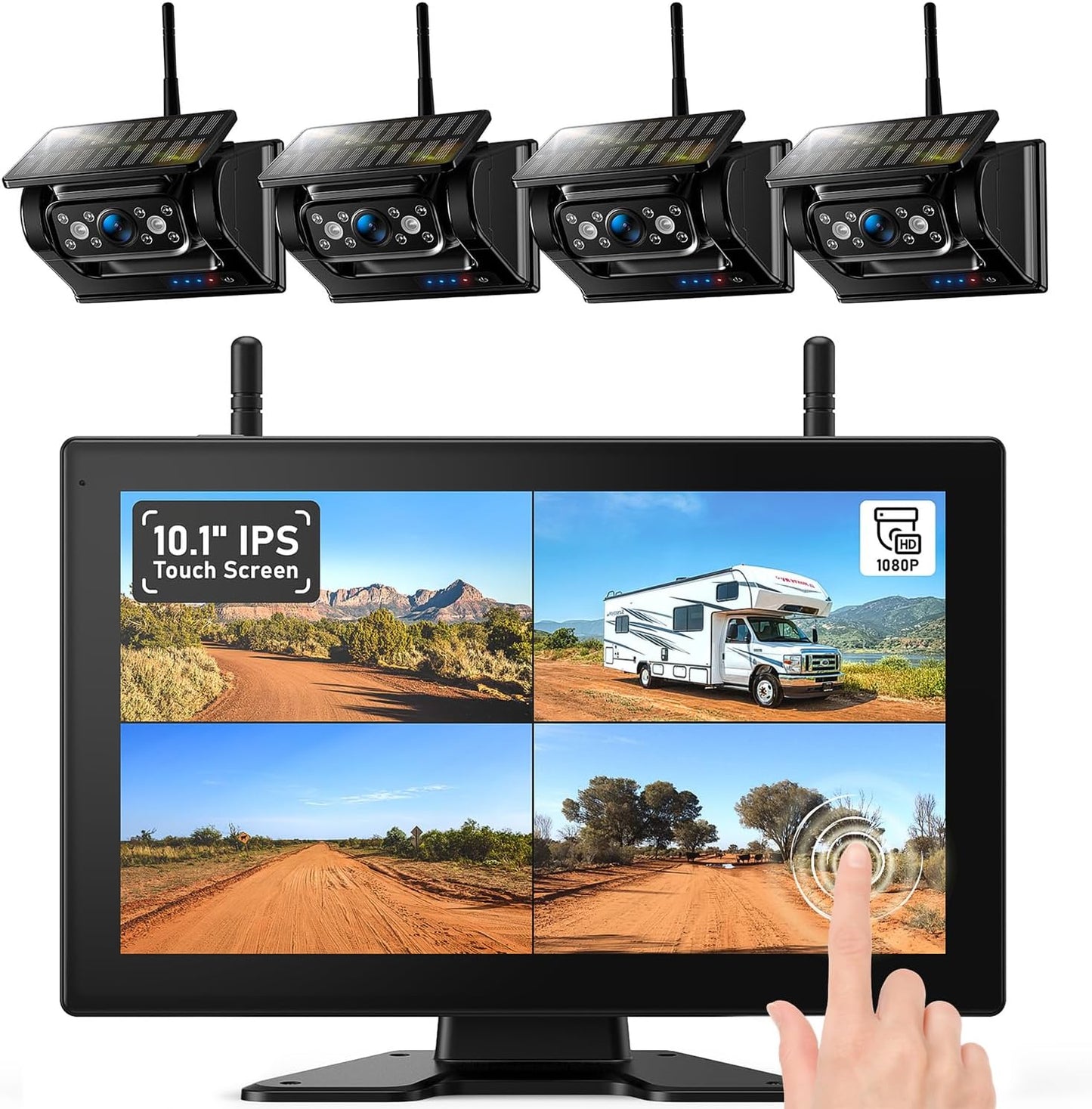 4 Magnetic Solar Wireless Backup Camera HD1080P DVR 10.1" Touchscreen Monitor, Quad RV Rearview Backup Cameras Wireless System for RV Trailer Tractor, Built-in 9600mAh Solar Battery, BL104