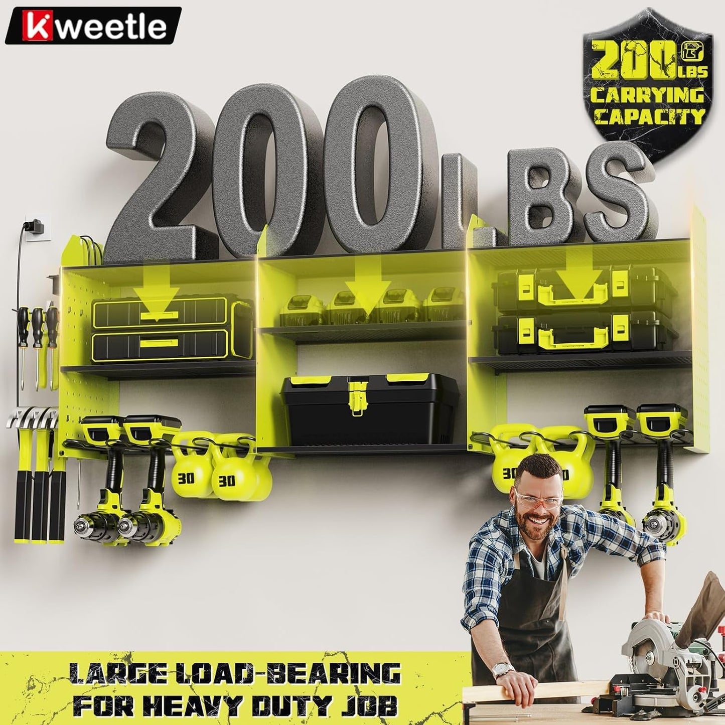 45" Power Tool Organizer Wall Mount with Charging Station - 3 Layer Storage Racks with 8 Cordless Drill Holder, 4 Hooks, Heavy Duty Garage Tool Organizer Storage for Workshop Shed Pegboard Basement