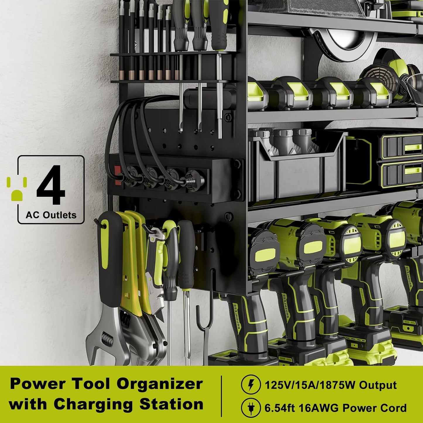 12 Cordless Drill Holder Large Power Tool Organizer Wall Mount with Side Pegboard & Screwdriver Holder, 4-Tier Heavy Duty Metal Tool Storage Rack with 4-Outlet Power Strip