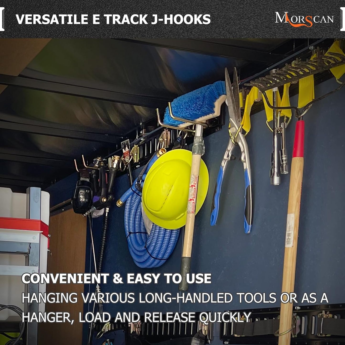 4 Pack E Track Heavy Duty Shovel Hanger, Large Steel Tool Hook Double J Hook for Store Long Handled Tools in Trailers, Trucks, Vans, Warehouses, Garages, Workshop, Garden Tools Organizers Storage