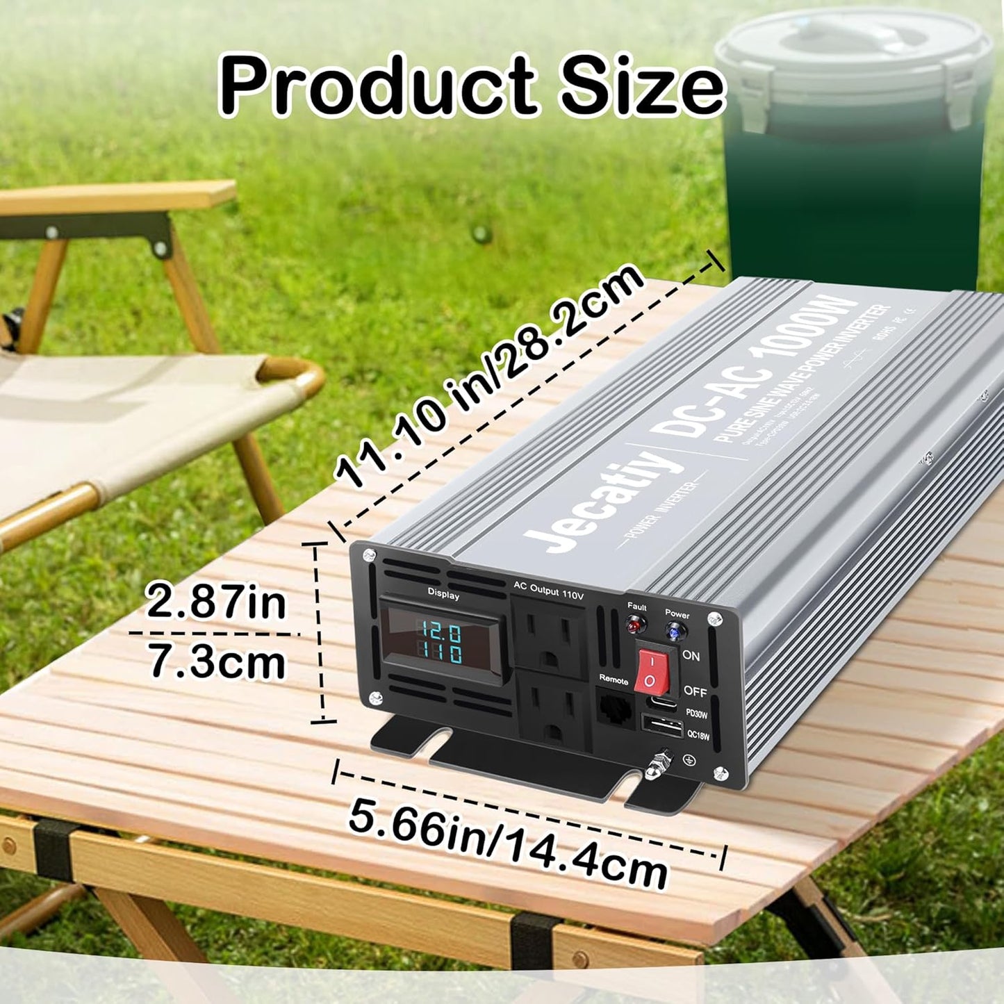 2AC 1000W Pure Sine Wave Inverter, Convert DC 12V to AC 110V 120V, 18W USB, and 30W Type-C Charging Ports, Car Solar Power Inverters for Truck, Home, Vehicles, RV